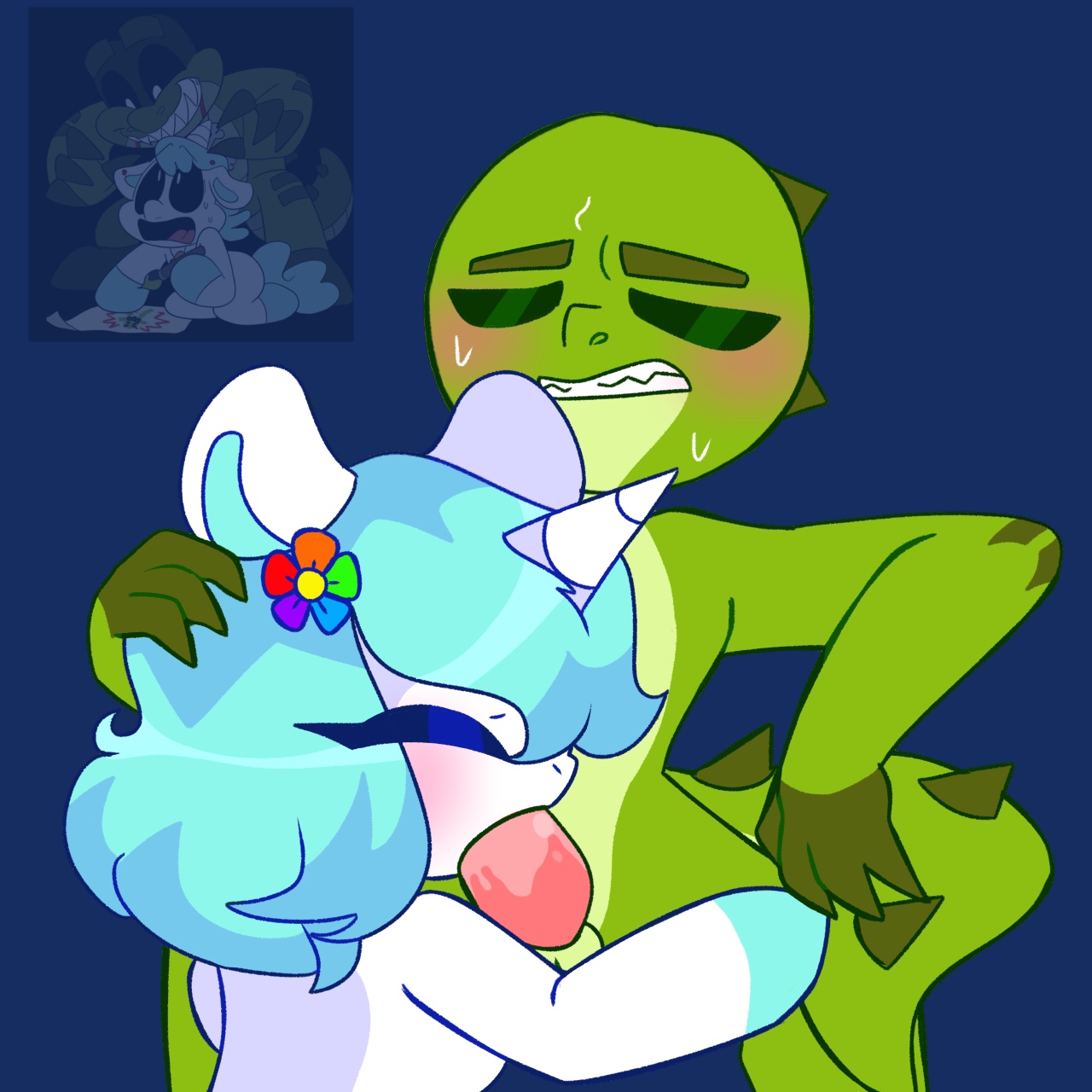 1boy, 1girls, 2025, 2025s, 2d, 2d (artwork), 2d artwork, alligator, allister gator (poppy playtime), anthro, anthro female, anthro male, anthrofied, blowjob, blue background, blue hair, blush, claws, closed eyes, crafty corn, craftycorn, critters (poppy playtime), cute, cyan hair, drawing, drawn, duo, female, female anthro, flower in hair, furry, furry female, furry male, furry only, green eyebrows, green scales, green spikes, gripping hair, gripping thighs, gritted teeth, hair, horn, image bubble, male, male anthro, mob entertainment, mob games, nightmare critters, no humans, on knees, penis, pink penis, poppy playtime, poppy playtime (chapter 3), poppy playtime (chapter 4), rainbow flower, sharp teeth, short hair, sitting, smiling critters, straight, sucking penis, sweat, sweatdrop, sweating, unicorn, white skin