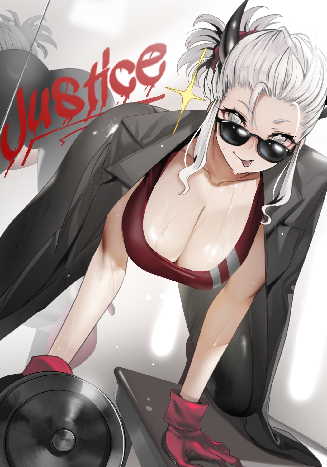 :p ass bandana black_horns black_jacket black_leggings bowing breasts bright_pupils cleavage collarbone commentary_request demon demon_girl demon_horns dumbbell female gloves grey_eyes gym helltaker high_heels highres holding holding_dumbbell horns jacket jacket_on_shoulders justice_(helltaker) large_breasts leaning_forward leggings long_sidelocks looking_at_viewer looking_over_eyewear looking_over_sunglasses mirror red_bandana red_gloves red_sports_bra reflection short_hair sidelocks solo sports_bra sunglasses sweat teddypocky tinted_eyewear tongue tongue_out white_eyes white_hair white_pupils writing_on_wall