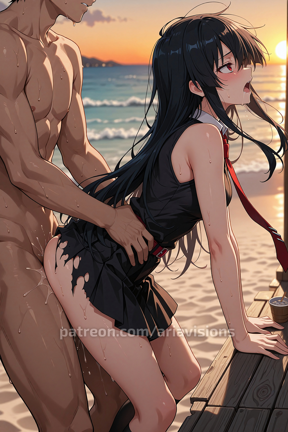 ai generated, akame (akame ga kill!), akame ga kill!, ariavisions, black hair, blush, doggy style, drooling, female, hands on hips, long hair, male, moaning in pleasure, nipples, nude, open mouth, pussy, pussy juice, red eyes, saliva, sex, sidelocks, sweat, taken from behind, torn clothes