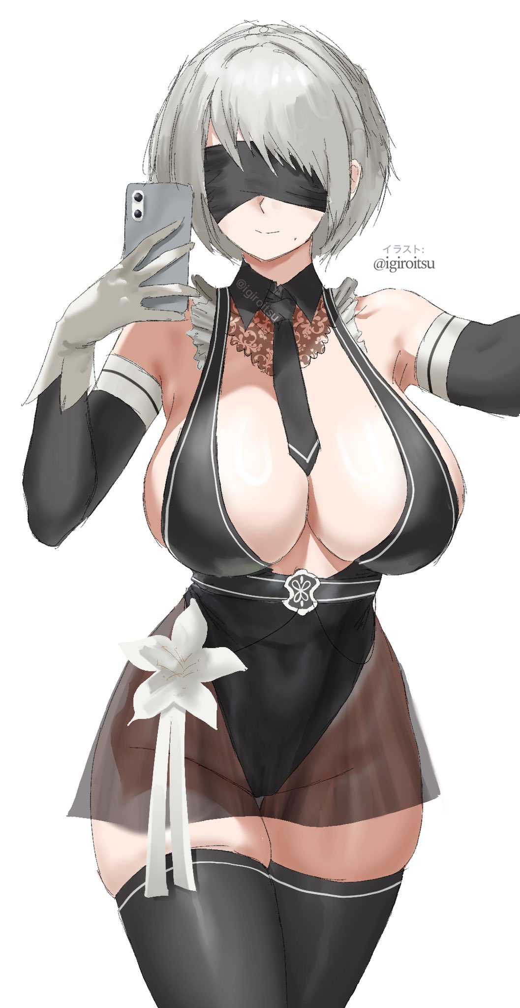 black blindfold, black necktie, blindfold, breasts, covered eyes, female, female only, highres, igiroitsu, large breasts, made in 2024, mirror selfie, mole, mole under mouth, necktie, nier (series), phone, simple background, solo, stellar blade, white background, yorha 2b