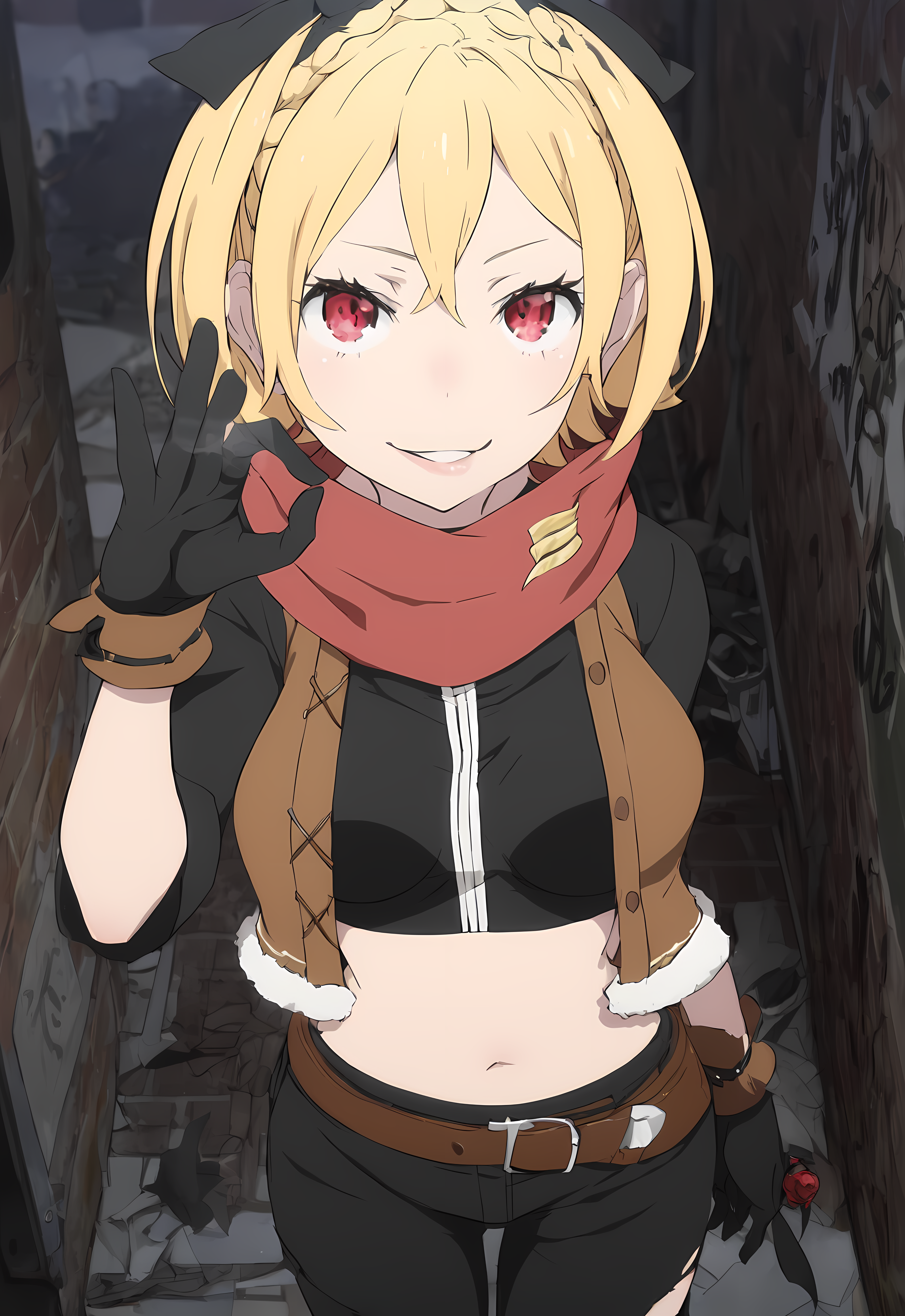 1girls, aged up, ai generated, alternate breast size, bandeau, belt, black lace, blonde hair, braid, brat, bratty, breasts, brown vest, dark alley, devious expression, fellatio gesture, felt (re:zero), female, female only, fur-trimmed gloves, in alleyway, invitation, looking up at viewer, medium breasts, mesugaki, midriff, open vest, parted lips, pixel dream gen, provocative, re:zero kara hajimeru isekai seikatsu, red eyes, red scarf, short hair, single pantsleg, skinny, small girl, solo, torn pants