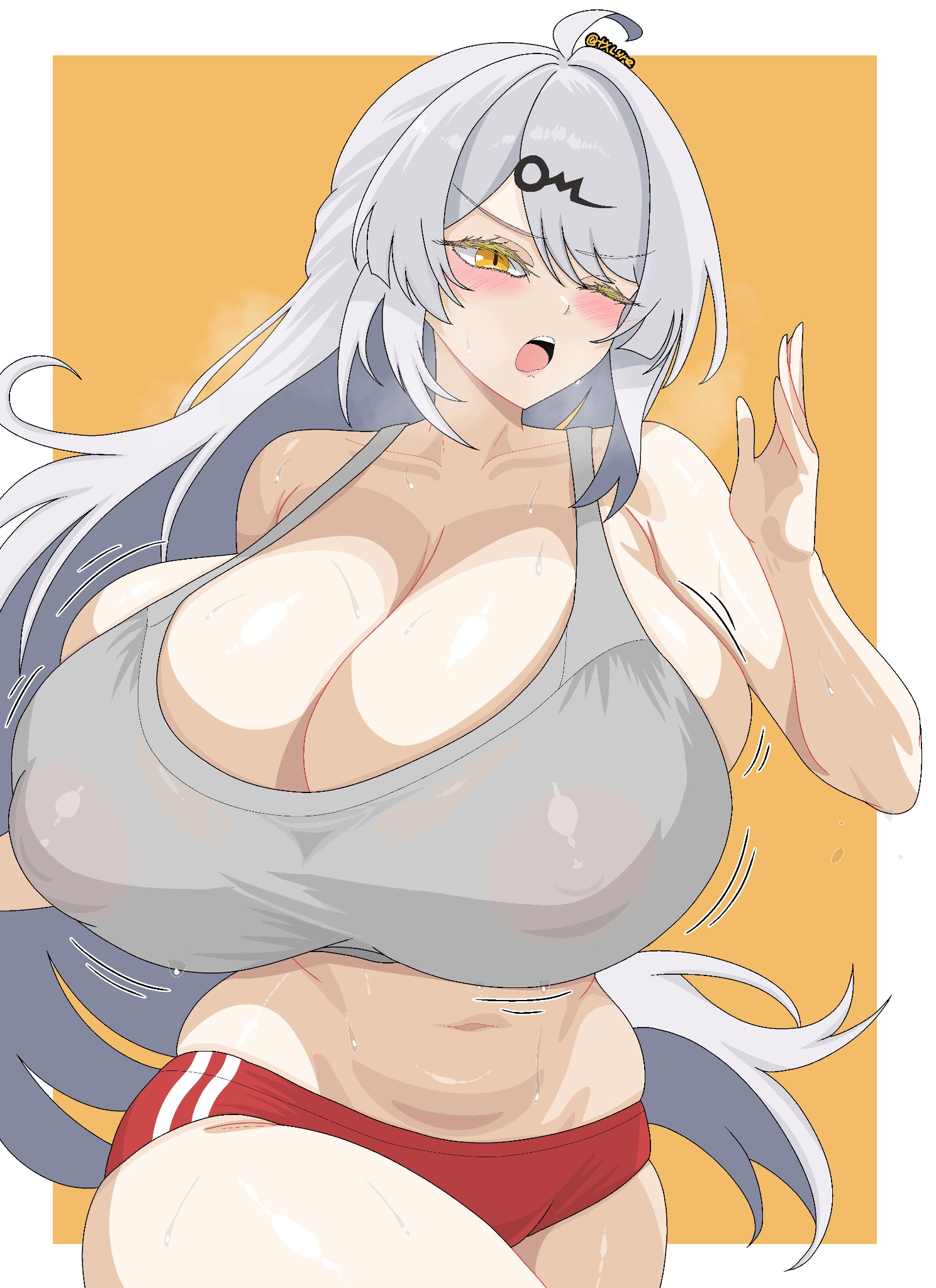1girls, ass, big ass, big hips, blush, bouncing breasts, breasts, breasts bigger than head, breasts bigger than torso, child bearing hips, cleavage, clothed, color, colored, cute, deep cleavage, dolphin shorts, exercise, female, female focus, gigantic breasts, huge breasts, huge hips, inconvenient breasts, jiggling breasts, jogging, large breasts, long hair, massive breasts, nipple bulge, nipples, nipples visible through clothing, pink nipples, red shorts, running, shorts, skindentation, slim waist, solo, solo female, sweat, sweatdrop, sweating, sweaty, tank top, tight clothing, txlyre, voluptuous, voluptuous female, white hair, white tank top, yellow eyes, yixuan (zenless zone zero), zenless zone zero