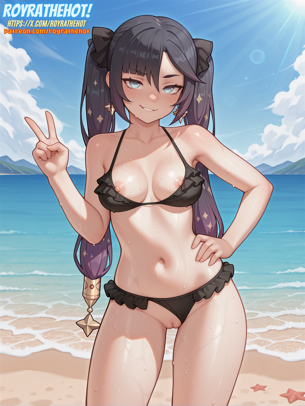 ai generated, beach, bikini aside, black bikini, black hair, breasts, female, genshin impact, gradient hair, hair ribbon, hand on own hip, light blue eyes, light skin, light-skinned female, medium breasts, mona (genshin impact), multicolored hair, naughty face, nipple slip, ocean, panties aside, petite, petite female, purple hair, pussy, royrathehot, sand, sky, solo, standing, twintails, v, watermark