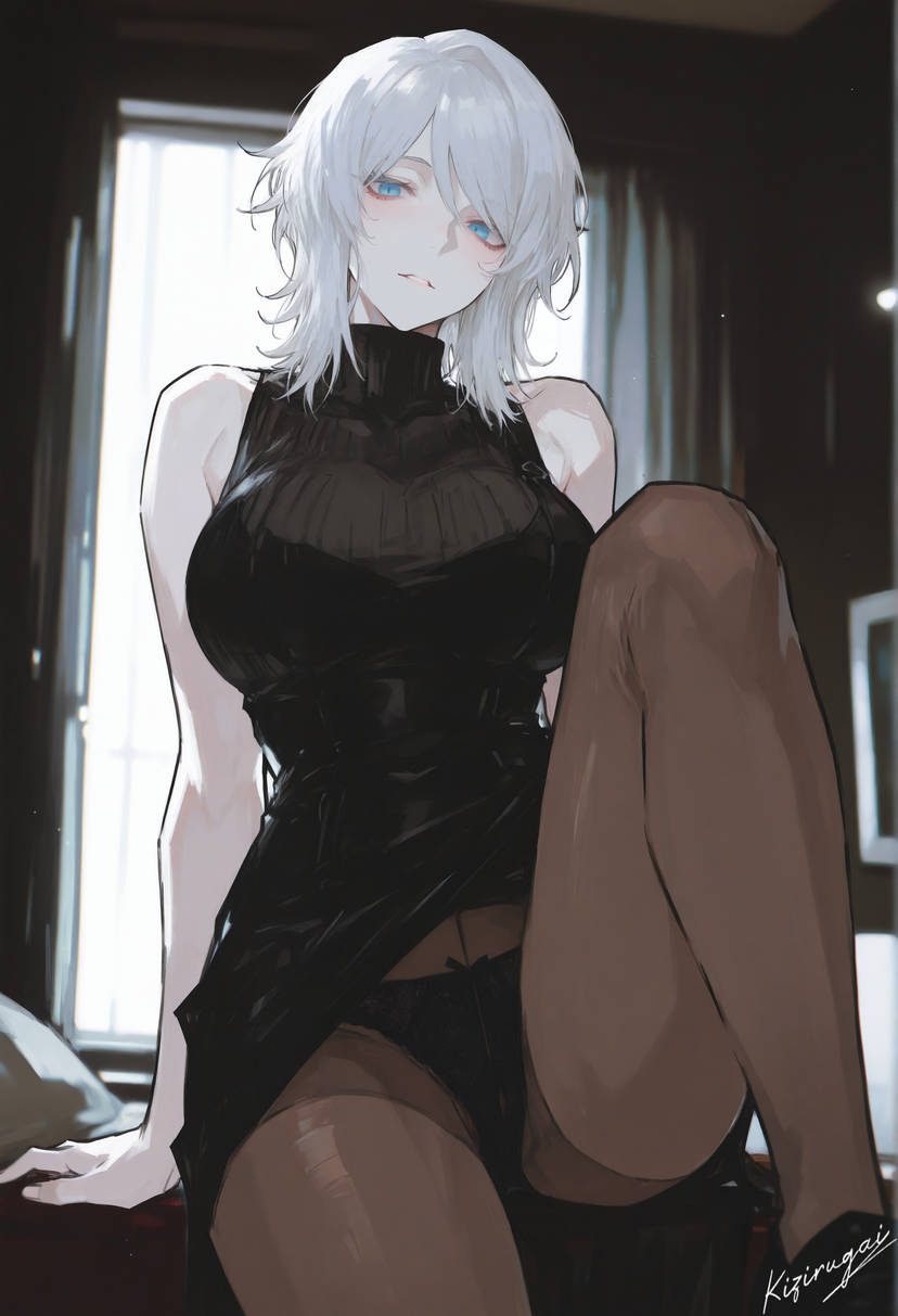 ai generated, big breasts, breasts, female, kizirugai, leg, legs up, lifting own clothes, lifting shirt, panties under pantyhose, pantyhose, showing panties, white hair