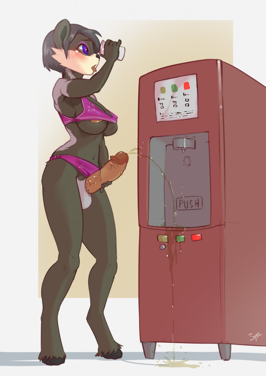 2019, anthro, anthro futa, arc of pee, arc of piss, arc of urine, bear, bear futa, bear girl, black fur, dickgirl, drinking, drinking water, erikuma (boardmindless), erikuma (oc), female, furry, furry futa, futa anthro, futa furry, futanari, improvised toilet, intersex, nipples, omorashi, panties aside, pee arc, peeing, pink panties, piss arc, public, public exposure, public indecency, public urination, synnfultiger, urinating, urinating futa, urinating on object, urination, urine, urine arc, urine stream, water dispenser, watersports