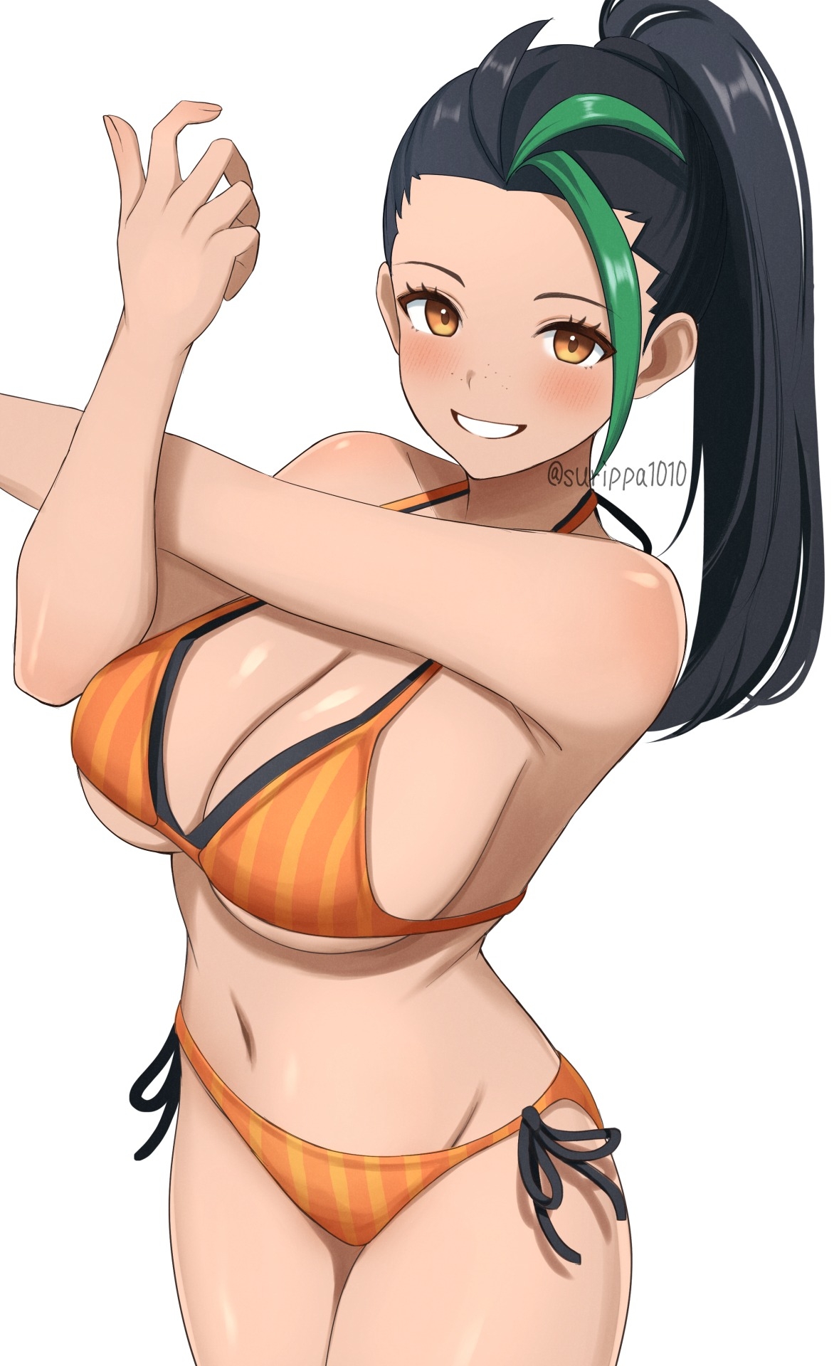 1girls, bikini, black hair, breasts, cleavage, female, female only, green hair, grin, high ponytail, highres, large breasts, navel, nemona (pokemon), nintendo, orange bikini, pokemon, pokemon sv, ponytail, simple background, smile, solo, stretching, surippa1010, swimsuit, white background, yellow eyes