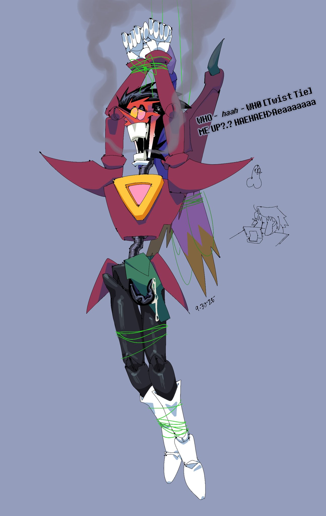 1boy, 2025, arms above head, arms tied, black hair, blush, blushing profusely, bondage, color, colored, cum, cum drip, cumming, dated, deltarune, deltarune chapter 2, dialogue, digital drawing (artwork), digital media (artwork), english dialogue, english text, genitals, legs tied, long nose, male, male only, no humans, non-human, overheated, penile, penis, penis out, pointy nose, restrained, restrained arms, restrained legs, restraints, short hair, simple background, solo, solo male, spamton g spamton, spamton neo, tentacle penis, tied, tied arms, tied hands, tied legs, tied up