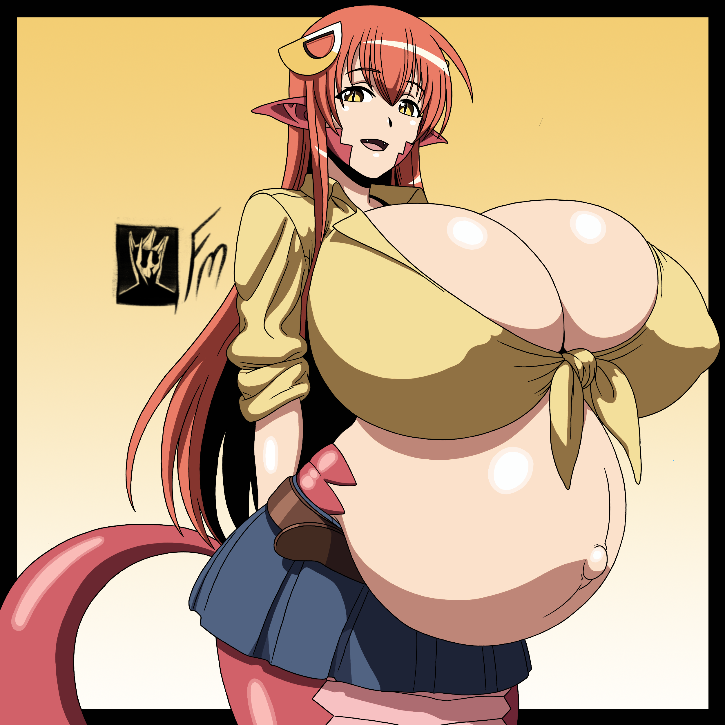 1girls, arms behind back, big belly, big breasts, breasts, cleavage, fangs, female, female only, fungus-man, gigantic breasts, hair ornament, huge breasts, humanoid, lamia, light skin, light-skinned female, long hair, looking at viewer, miia (monster musume), monster girl, monster musume no iru nichijou, naga, navel, pregnant, red hair, self upload, shirt, skirt, snake girl, solo, solo female, tagme, wide hips, yellow eyes