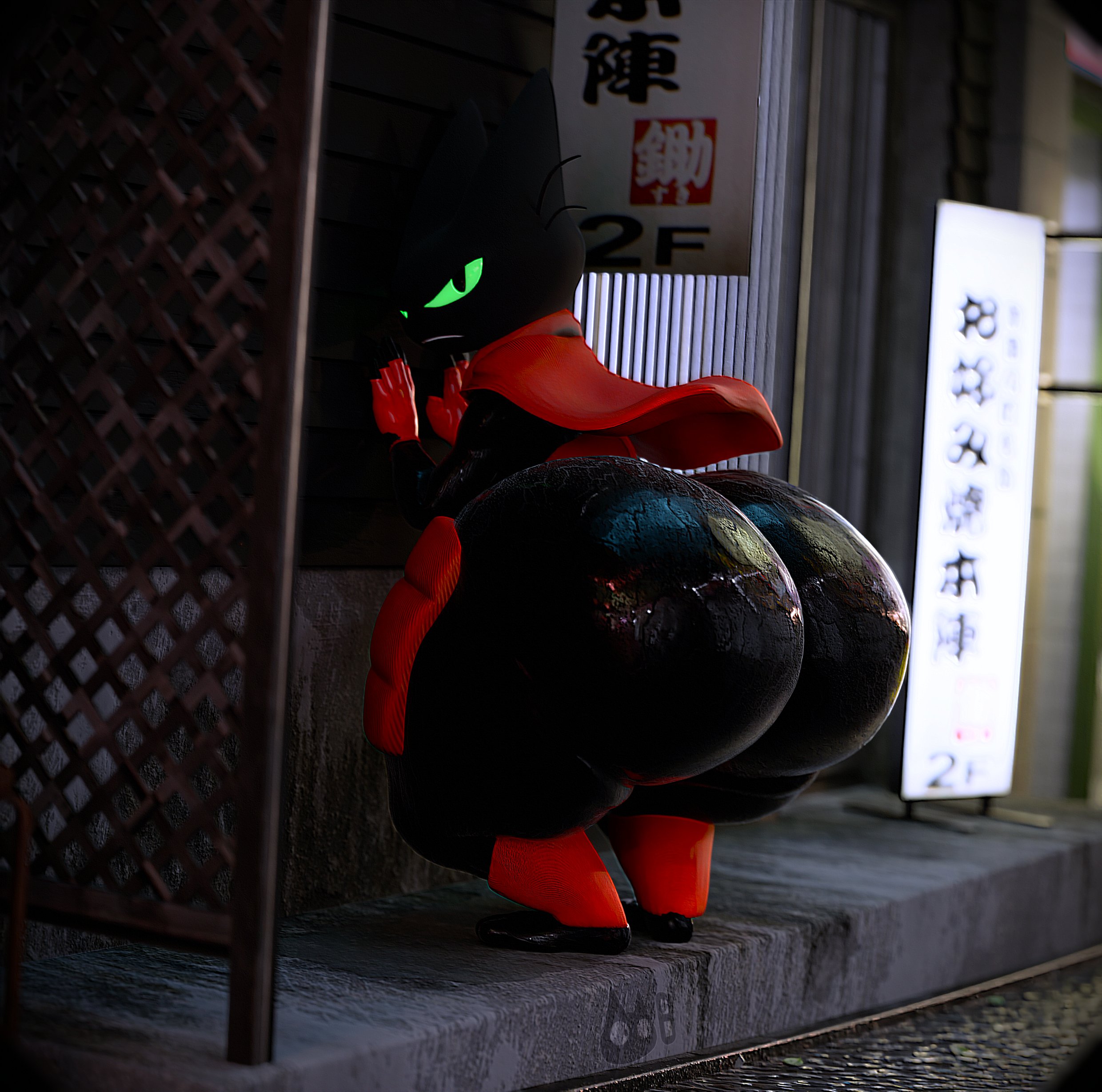 2025, 3d, 3d (artwork), ass, big ass, big butt, black body, bubble butt, cape, cartoon network, clothing, femboy, gay, gay anal, gloves, green eyes, high resolution, highres, homosexual, homosexual male, japanese text, long ears, male focus, male only, male penetrated, male/male, mao mao: heroes of pure heart, plump, plump ass, plump butt, plump thighs, red cape, red collar, red gloves, sash, sfm, sheriff mao mao mao, solo, street, sweaty, sweaty ass, sweaty butt, thick thighs, totallyd, wide ass