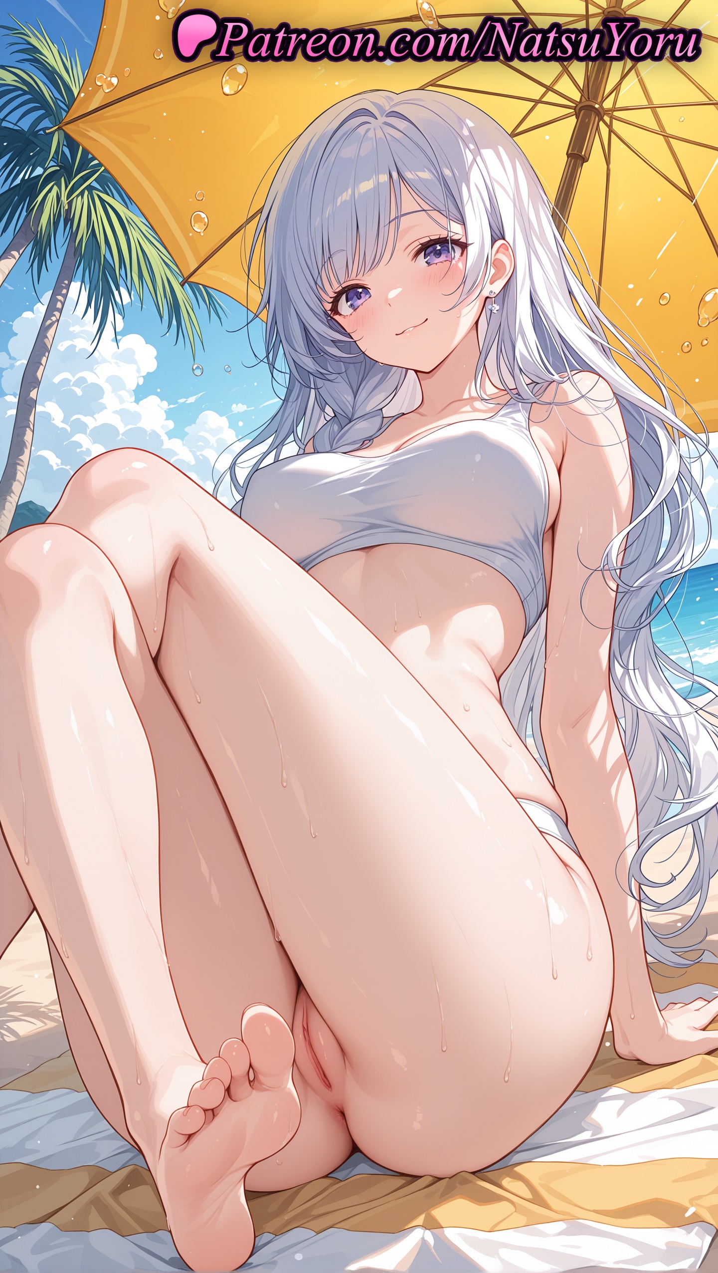 1girls, 2025, ai generated, anus, ass, bangs, bare arms, bare shoulders, barefoot, beach, bikini, blue hair, blue sky, blush, breasts, closed mouth, cloud, crossed legs, feet, female, hi res, highres, jujutsu kaisen, knees up, large breasts, legs, long hair, looking at viewer, mei mei (jujutsu kaisen), natsuyoru, outdoors, palm tree, patreon, purple eyes, pussy, sitting, sky, smile, soles, solo, swimsuit, thighs, toes, tree, umbrella, vagina, voluptuous, voluptuous female, wet, white bikini, white hair