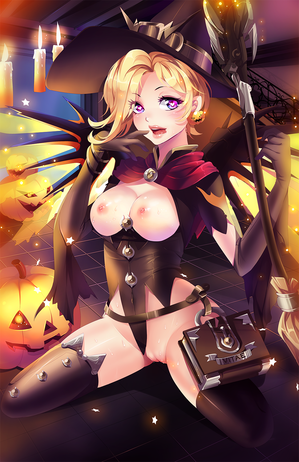 1girls, alternate costume, blizzard entertainment, blonde hair, blue eyes, breasts, cleavage cutout, corset, elbow gloves, female, female only, gloves, halloween, hat, highres, jack-o'-lantern, jewelry, large breasts, legwear, long hair, mechanical wings, mercy, nipples, overwatch, pumpkin, pussy, solo, spread legs, spread wings, staff, thighhighs, tongue, tongue out, wings, witch hat, witch mercy
