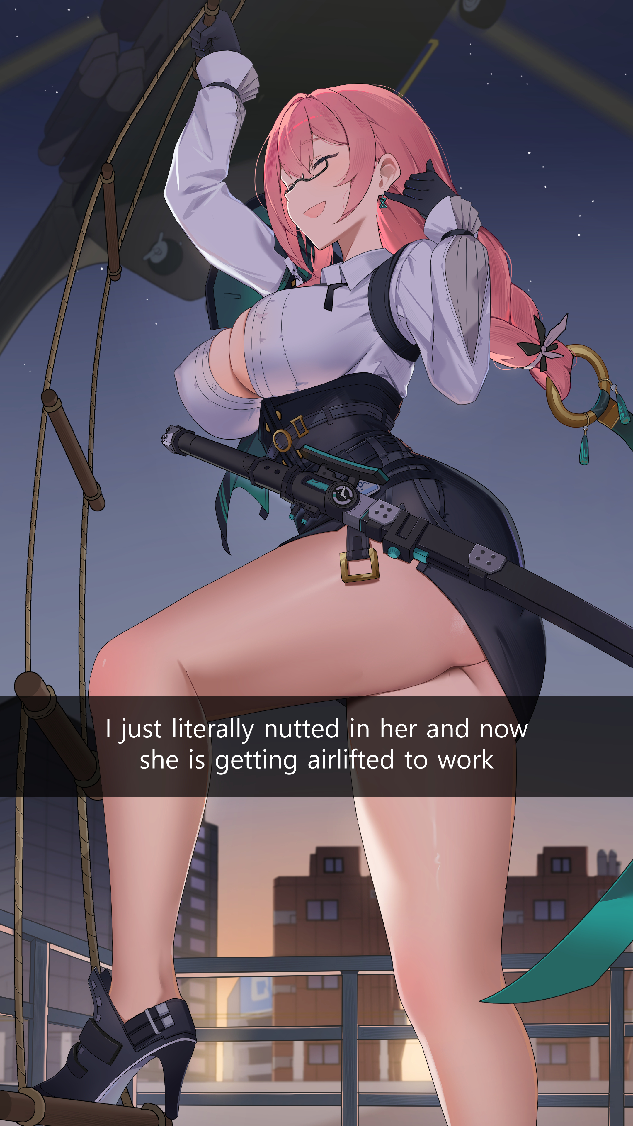 1girls, absurdres, aircraft, ass, bare legs, black footwear, black gloves, black skirt, breasts, center opening, chamaru5963, city, cleavage, climbing ladder, closed eyes, covered erect nipples, earrings, english text, female, female only, gloves, he literally just nutted in me (meme), helicopter, high heels, high-waist skirt, highres, hourglass earrings, jewelry, large breasts, long hair, open mouth, pencil skirt, pink hair, rope ladder, shirt, skirt, solo, sunset, thighs, tsukishiro yanagi, white shirt, zenless zone zero