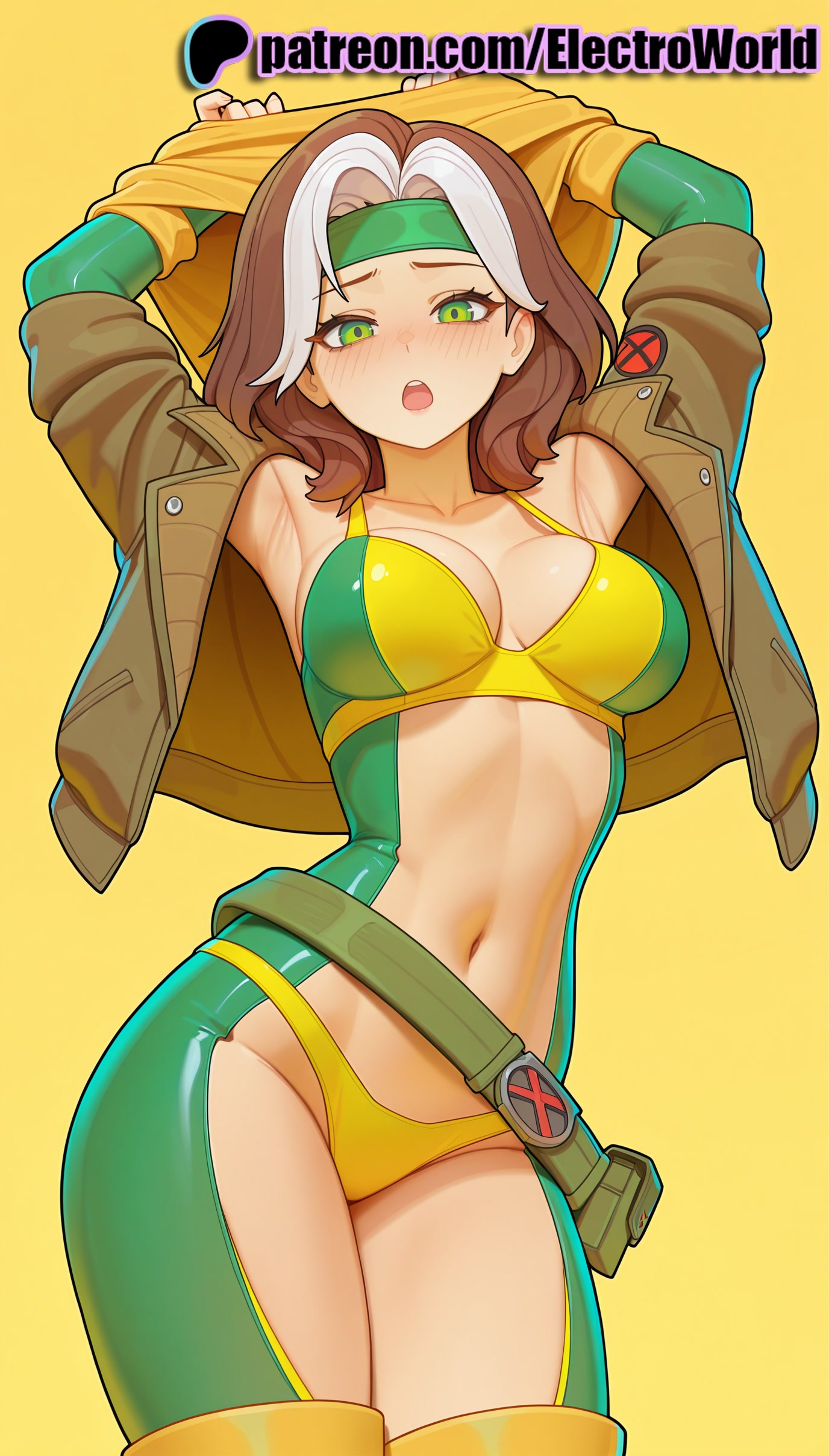 1girls, 2025, ai generated, artist name, blush, breasts, bust, chest, electroworld, female, green eyes, hi res, high quality, high resolution, highres, jacket, marvel, marvel comics, navel, open clothes, open mouth, patreon, patreon username, rogue (x-men), solo, stable diffusion, watermark, x-men, yellow background