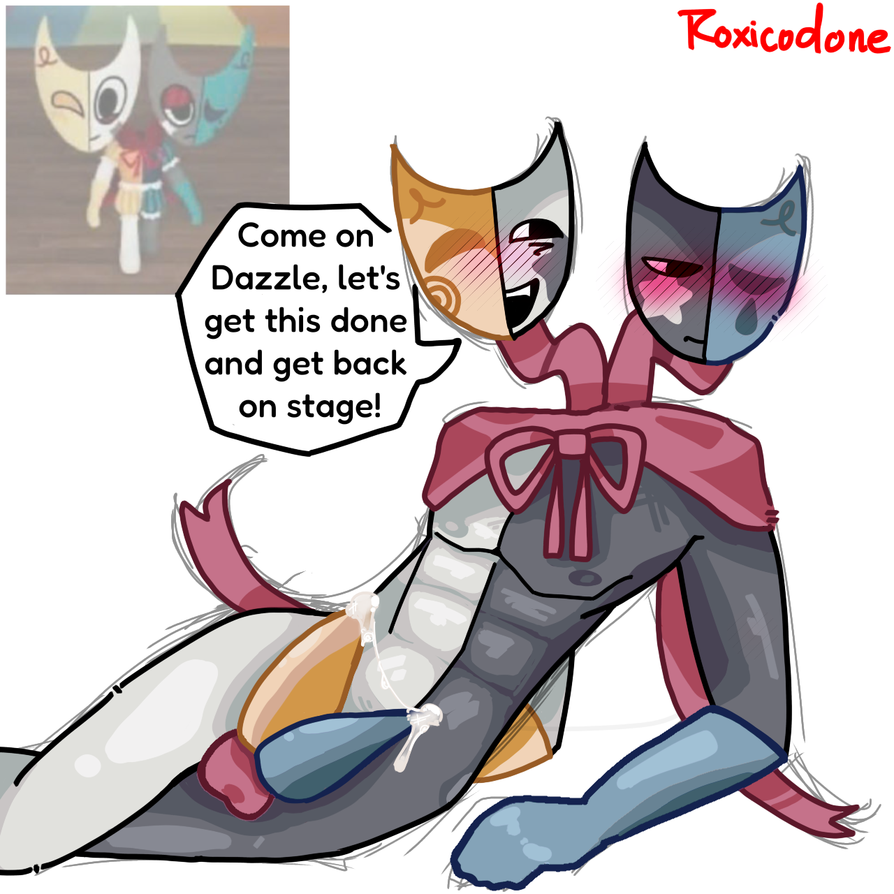 1boy, 2 heads, 2 penises, 2d, 2d artwork, blush, blush lines, cock, conjoined twins, cum, dandy's world, dialogue, dick, diphallia, diphallism, english, english text, erection, humanoid, incest, male, male focus, male only, multi genitalia, multi head, multi penis, no humans, non-human, penis, penis out, precum, precum string, razzle and dazzle (dandy's world), roblox, roblox game, roxicodone, self upload, show-time razzle and dazzle, simple background, solo, solo focus, solo male, speech bubble, text, text bubble