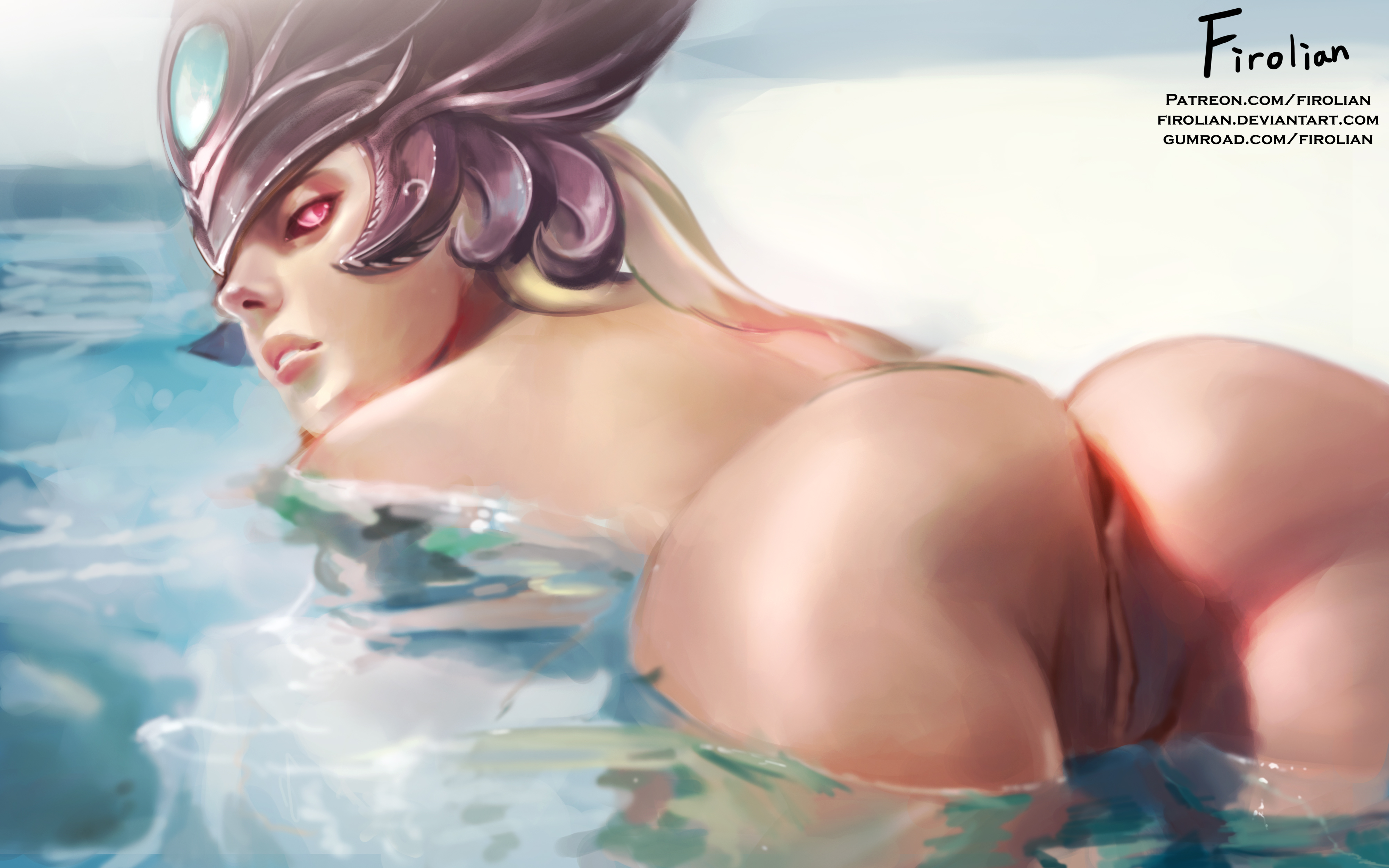 1girls, anus, artist name, ass, bare shoulders, female, female only, fins, firolian, fish, fish girl, hair ornament, head fins, high resolution, hips, league of legends, legs, looking at viewer, looking back, marai, merfolk, mermaid, monster, monster girl, nami (league of legends), pale skin, pussy, red eyes, solo, thighs, topless, vagina, very high resolution, water, web address, wet