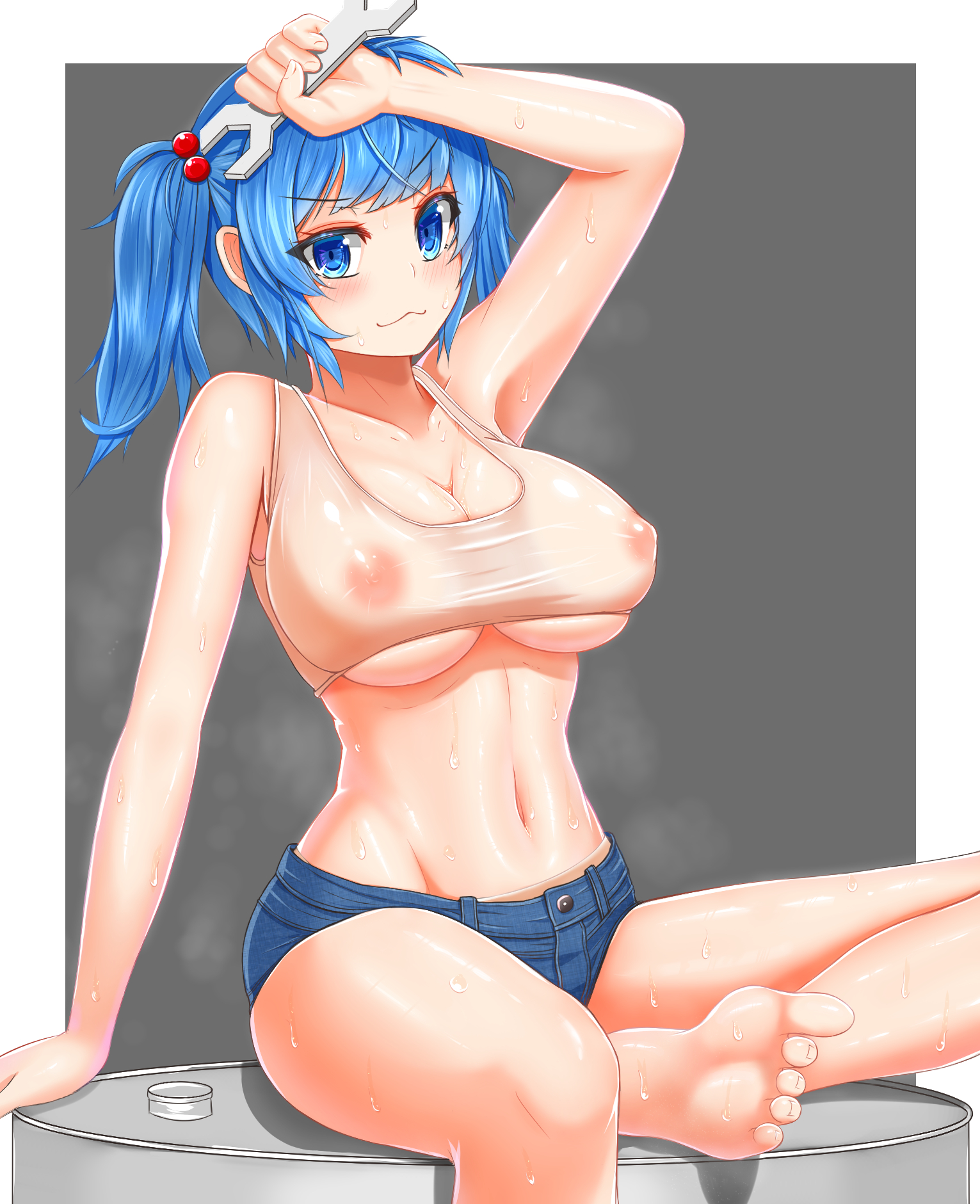 :3, arm up, armpits, bare arms, bare legs, barefoot, blue eyes, blue hair, blush, breasts, cleavage, collarbone, crop top, damao yu, denim, denim shorts, feet, female, highres, large breasts, navel, nipple bulge, nipples, nitori kawashiro, see-through, short shorts, shorts, sitting, soles, solo, stomach, sweat, tank top, touhou, two side up, underboob, wet clothes