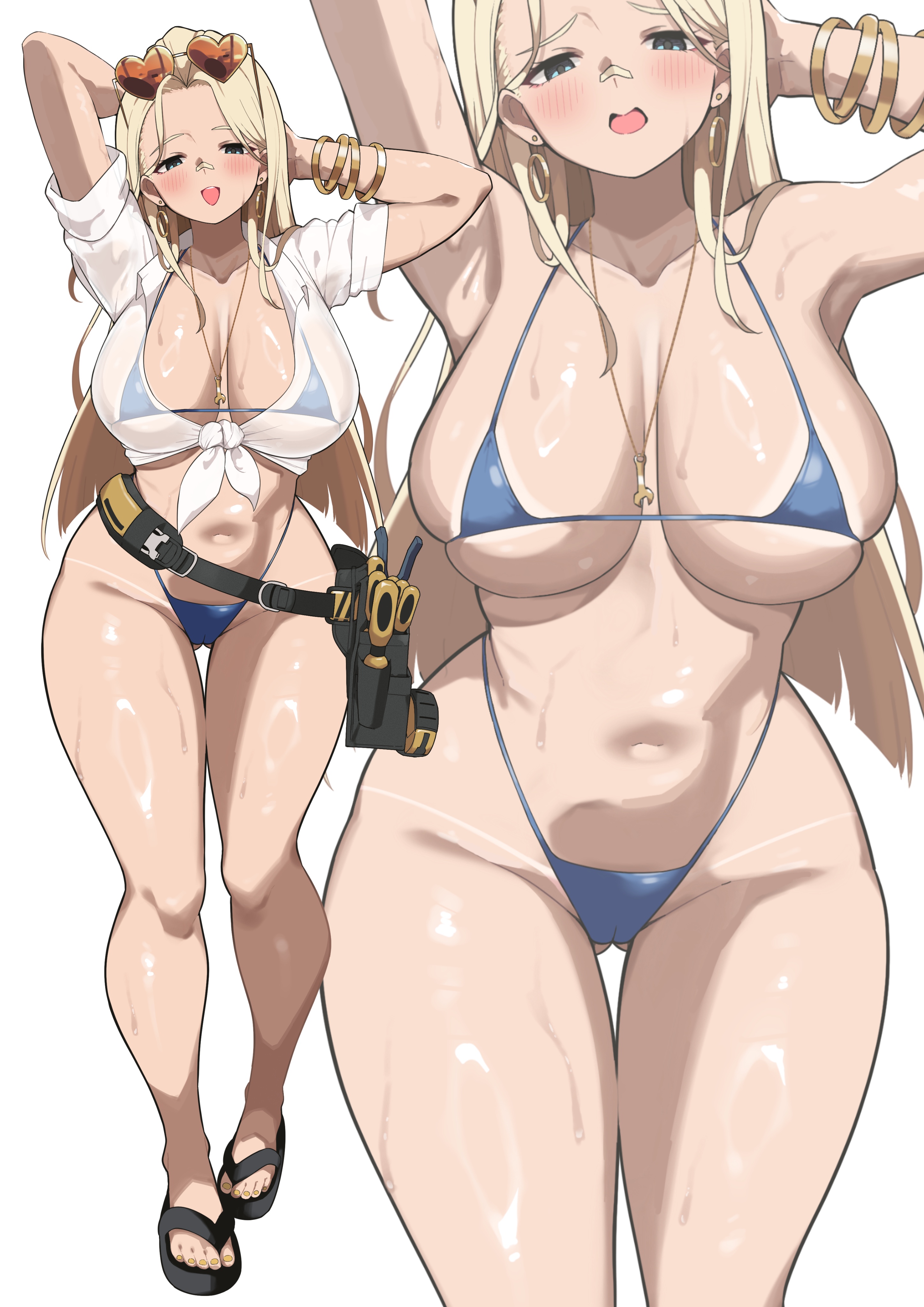 absurdres, bandaid, bandaid on face, bandaid on nose, bikini, blue bikini, blue eyes, blunt ends, blush, bracelet, breasts, cameltoe, centi (nikke), centi (ocean repair) (nikke), collarbone, curvy, eyewear on head, feet, female, gluteal fold, goddess of victory: nikke, heart, heart-shaped eyewear, highres, jewelry, large breasts, long hair, micro bikini, multiple views, navel, neck, necklace, official alternate costume, open mouth, parted bangs, partially undressed, pussy, sandals, screwdriver, shirt, sideboob, simple background, sleeves rolled up, smile, stomach, sunglasses, sweat, swimsuit, tape measure, thigh gap, thighs, tied shirt, toes, toolbox, underboob, white background, white shirt, wrench, yabai gorilla, zoom layer