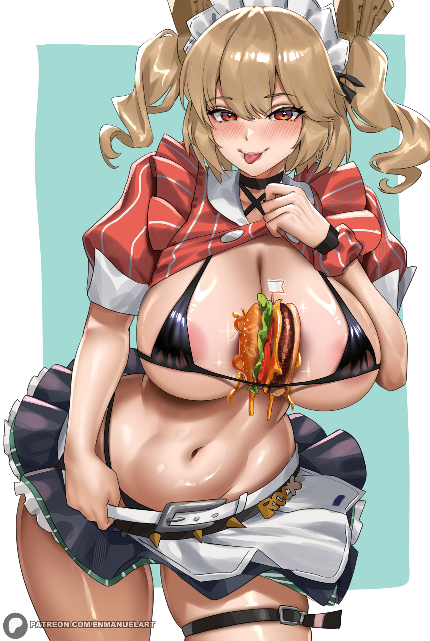 1girls, aqua background, areola slip, belt, bikini, black bikini, black choker, black skirt, breasts, burger, burnice white, choker, cleavage, clothes lift, collarbone, commentary, contrapposto, english commentary, enma (enmanuelart), enmanuelart20, female, female only, food, food between breasts, hair ornament, hand up, highres, huge breasts, lettuce, lifting own clothes, long hair, looking at viewer, maid headdress, navel, official alternate costume, patreon logo, puffy short sleeves, puffy sleeves, red eyes, shirt lift, short sleeves, simple background, skirt, solo, swimsuit, thigh belt, thigh strap, thighs, tomato, tomato slice, tongue, tongue out, white belt, zenless zone zero