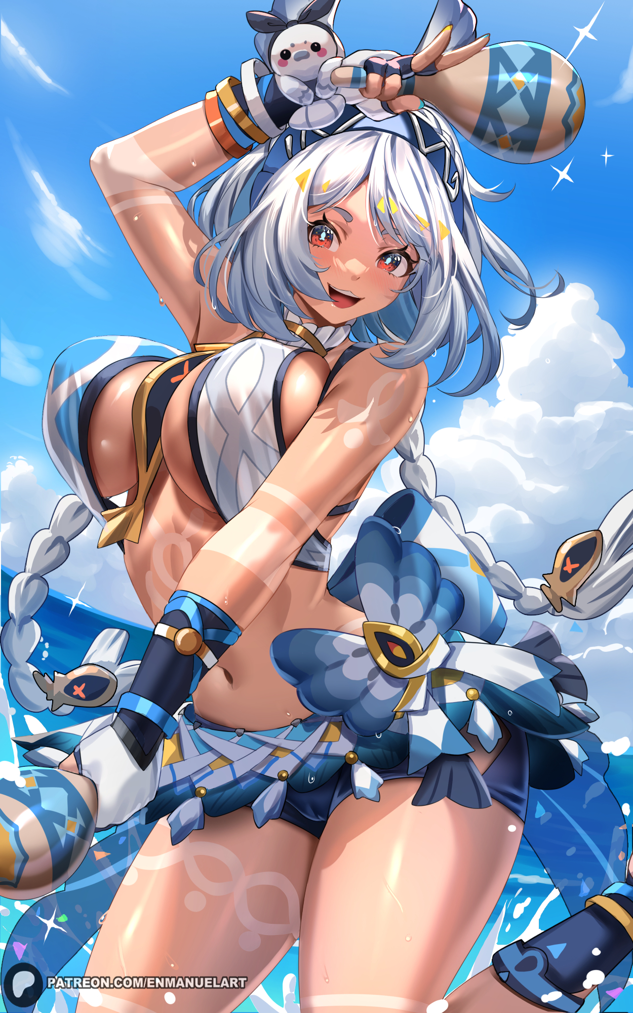 1girls, alternate breast size, bare shoulders, blue hairband, body markings, braid, breasts, clothed, commentary, crop top, enma (enmanuelart), enmanuelart20, female, female only, fingerless gloves, genshin impact, gloves, grey hair, hairband, highres, holding instrument, holding maracas, large breasts, long hair, looking at viewer, low twin braids, maracas, mualani (genshin impact), natlan girls, navel, ocean, open mouth, outdoors, patreon username, red eyes, smile, solo, symbol-shaped pupils, twin braids