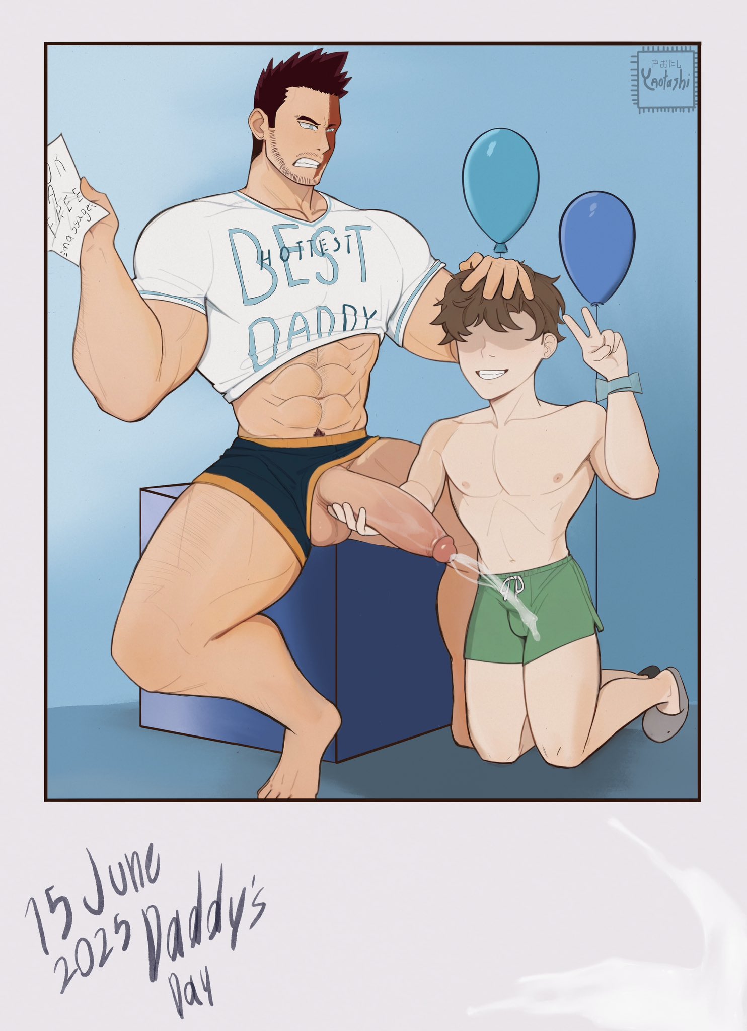 2025, 2boys, 2d, 2d artwork, abs, after handjob, alternate costume, balloon, bara, beard, boku no hero academia, boxers, brown hair, clothes lift, clothing aside, couple, cum, cum string, daddy, difference, ejaculation, endeavor (my hero academia), enji todoroki, erection, faceless male, facial, full body, green shorts, grin, hair, hand on another's, handjob, head, holding, kneeling, large pectorals, legs spread, light skin, light-skinned male, male, male focus, male only, mature male, milking, multiple boys, multiple males, muscular, muscular male, my hero academia, navel, nipples, on knees, pectorals, penis, penis throught leghole, red hair, scar on face, shirt, shirt lift, short hair, shorts, sideburns, sitting, size, smile, spiked hair, stomach, stubble, thick thighs, thighs, uncensored, underwear, veins, yaoi, yaotashi