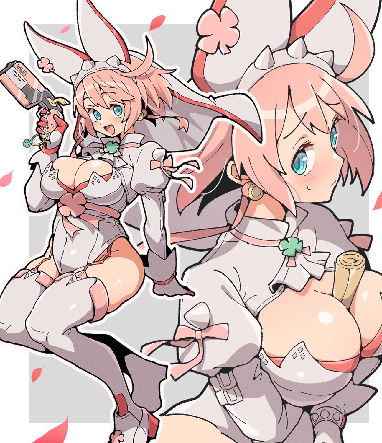 1girls, ahoge, animal ears, blue eyes, bob cut, breasts, cleavage, clover, elphelt valentine, fake animal ears, female, female only, four-leaf clover, garter straps, gloves, guilty gear, guilty gear xrd, gun, hairband, handgun, highres, itsuka neru, jewelry, juliet sleeves, large breasts, leotard, long sleeves, multiple views, open mouth, pink hair, puffy sleeves, short hair, spiked hairband, spikes, thighhighs, veil, waist ribbon, weapon, white leotard, white veil