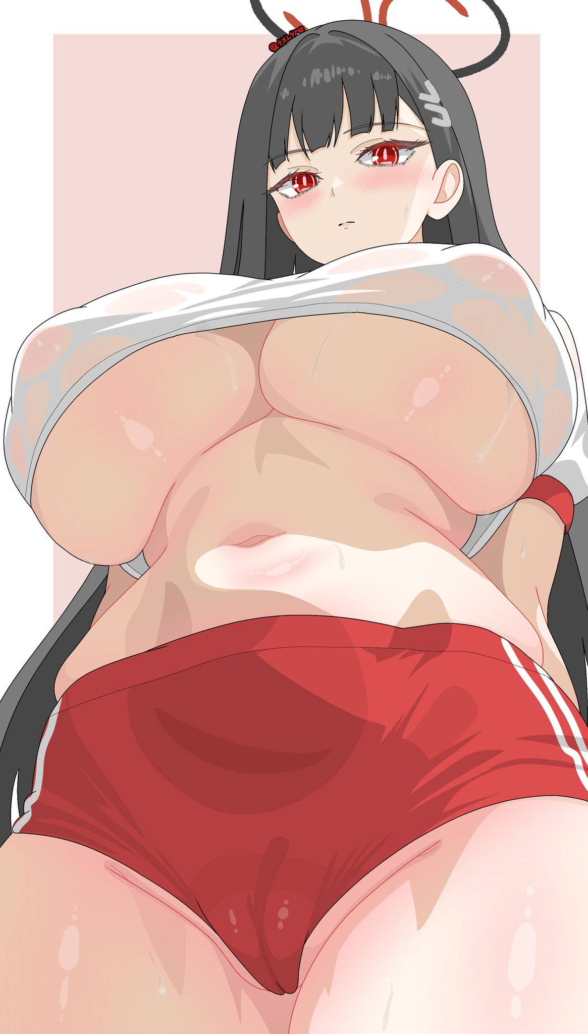 1girls, belly, belly button, big breasts, black hair, blue archive, blush, breasts, breasts bigger than head, breasts bigger than torso, child bearing hips, cleavage, color, colored, dolphin shorts, female, female focus, female only, gigantic breasts, halo, huge breasts, large breasts, looking at viewer, massive breasts, nipple bulge, nipples, nipples visible through clothing, red eyes, red shorts, rio (blue archive), shirt, shorts, skindentation, slim, slim waist, solo, solo female, thick, thick thighs, tight clothing, tummy, txlyre, underboob, undercleavage, viewed from below, white shirt