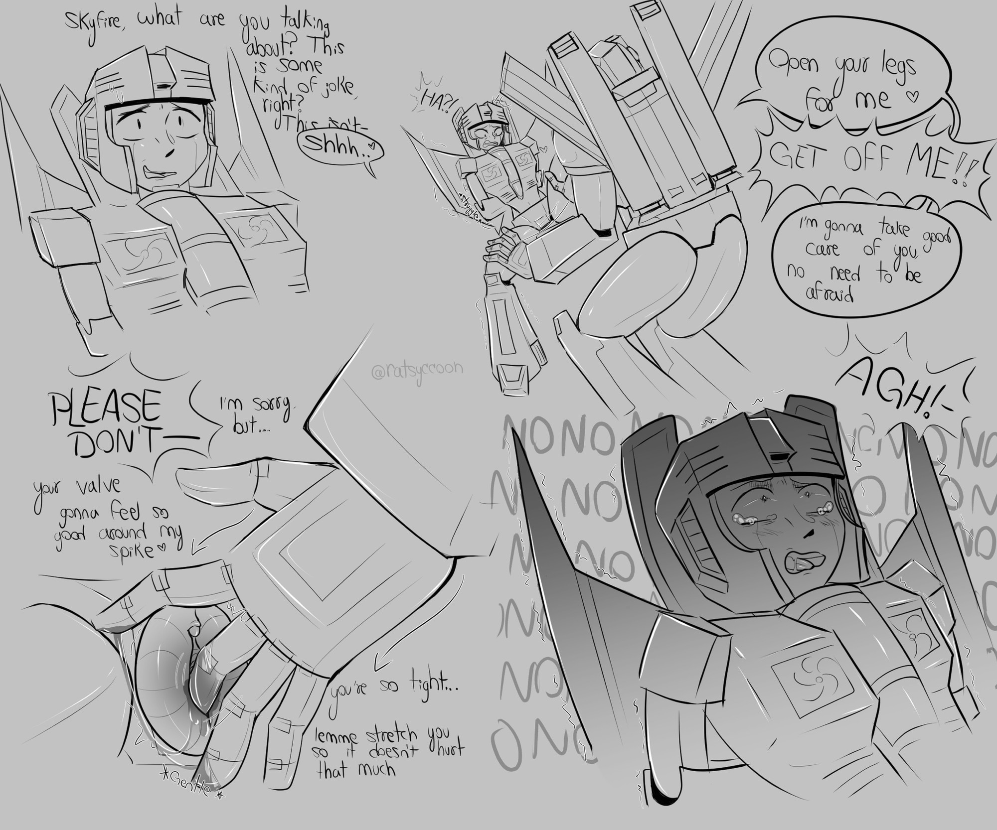alien, begging to stop, being raped, comic, comic page, confused, confusion, dialogue, dubious consent, female, fingering, fingers, gay, grayscale, inminent rape, inminent sex, jetfire, male, male/male, non-human, nonconsensual, pussy, pussy juice, rape, rape face, raped, ratsy spark, robot, robot boy, simple background, simple shading, skyfire (transformers), starscream, tearing up, tears, tied hands, transformers, transformers g1, valveplug, yaoi