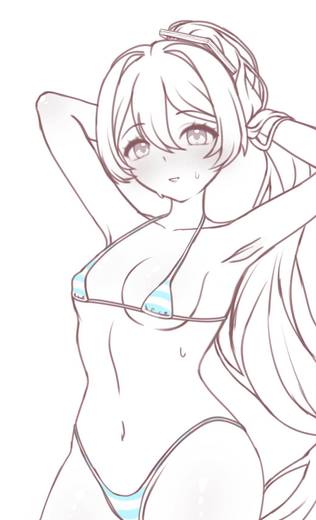 bikini hatsune_miku hatsune_miku_(collared_bikini) looking_at_viewer sweat tagme tying_hair