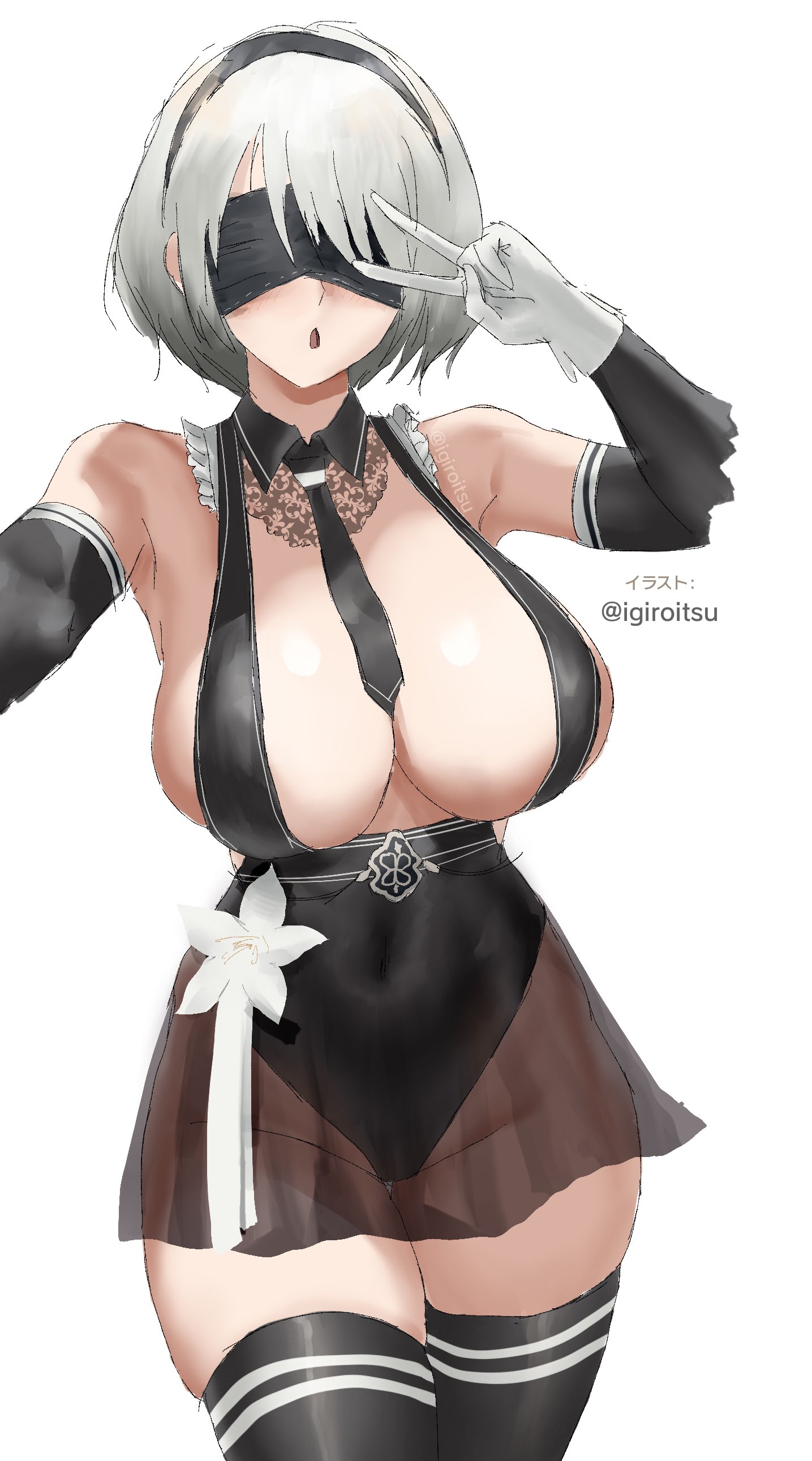 absurdres, arm up, armpits, bare shoulders, black blindfold, black hairband, black leotard, black necktie, blindfold, breasts, cleavage, commentary request, detached collar, detached sleeves, eve (stellar blade), female, female only, flower, frills, gloves, grey hair, hairband, highleg, highleg leotard, highres, igiroitsu, large breasts, leotard, miniskirt, necktie, nier (series), open mouth, revealing clothes, see-through clothes, see-through skirt, short hair, skirt, solo, stellar blade, thighhighs, twitter username, v, white background, white flower, white gloves, yorha 2b