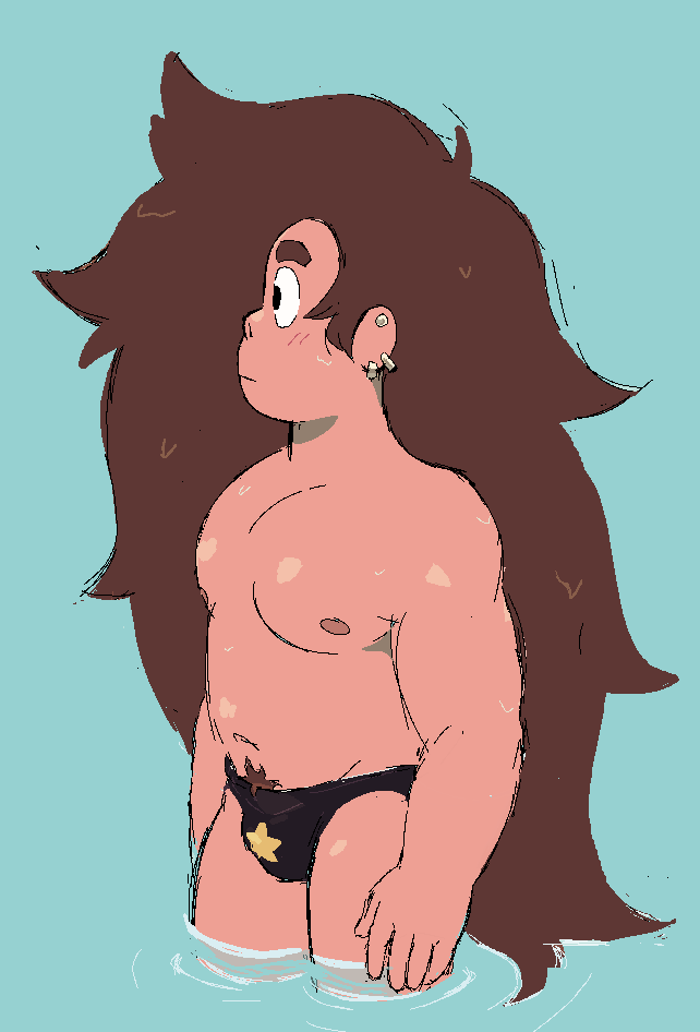 1boy, beach, cartoon network, greg universe, greg universe (young), long hair, male, male only, muscles, muscular, muscular male, no nude, pierced ears, piercing, profile, profile view, pubes, pubic hair, sagingbarko, sfw, simple background, solo, steven universe, tanga, undressing, water