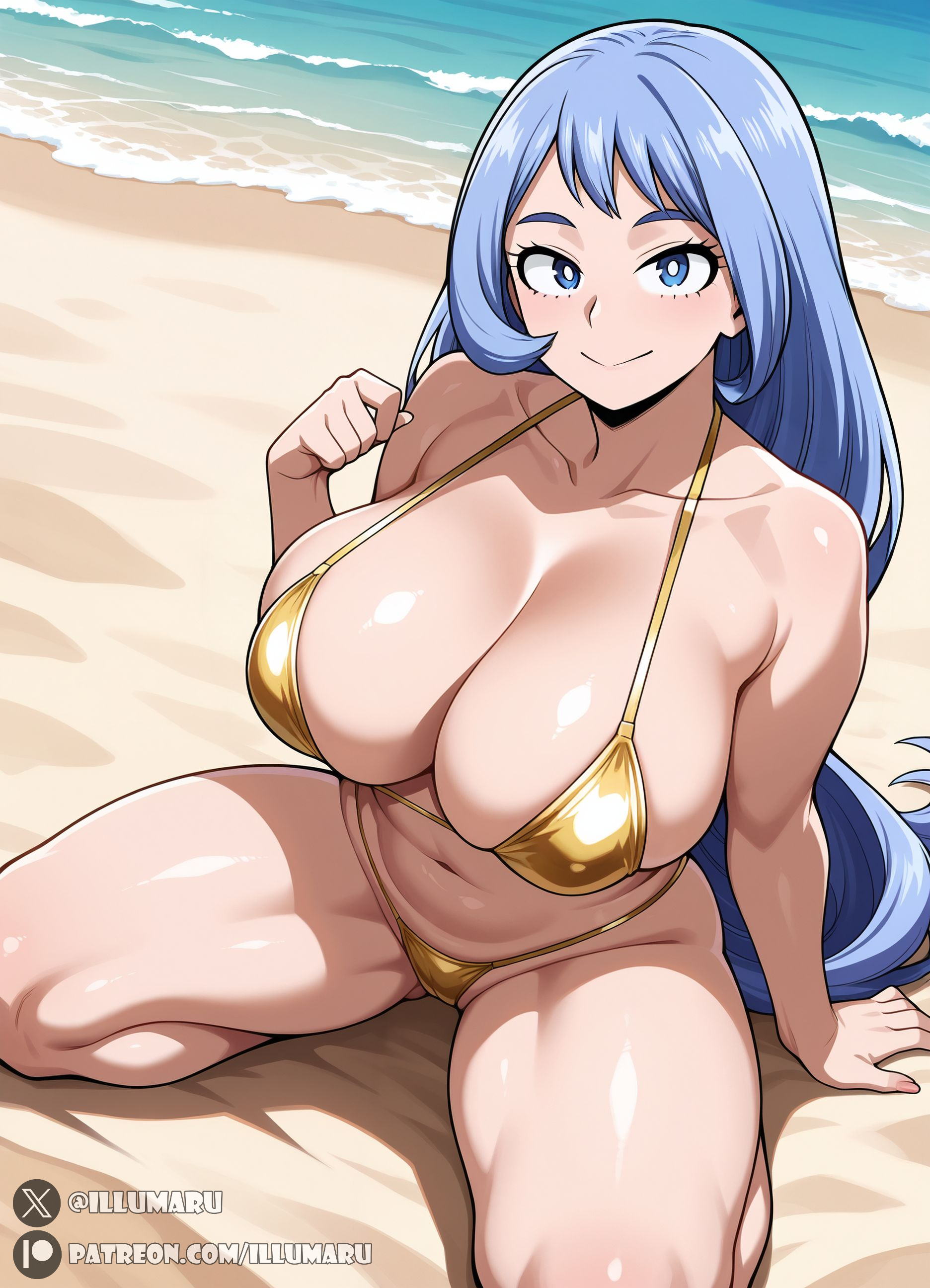 1girls, 2025, ai generated, beach, big breasts, bikini, blue bikini, blue eyes, blue hair, blue-haired female, breasts, cameltoe, curvy, detailed, feet, female, female only, golden bikini, hadou nejire, hi res, huge breasts, illumaru, kneeling, long hair, looking at viewer, my hero academia, navel, nejire hado, ocean, on sand, pussy, sea, seductive, seductive smile, sky, smile, solo, solo focus, stable diffusion, thick, thick thighs, voluptuous