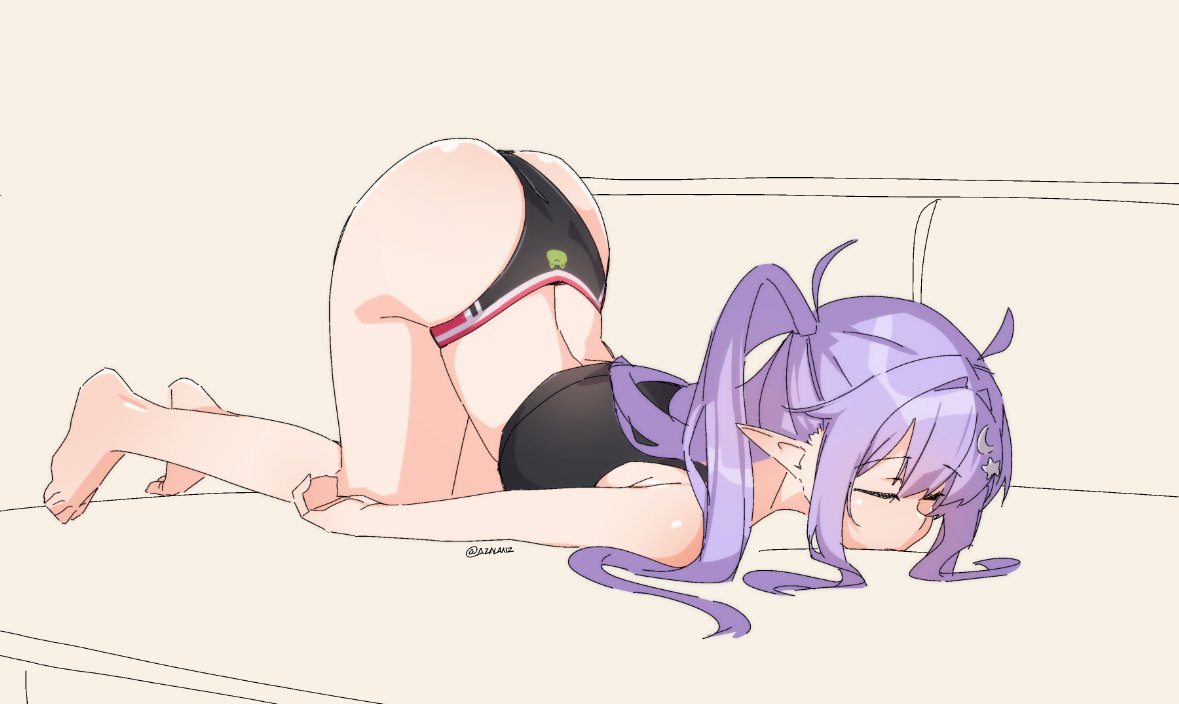 1girls, ass, ass up, eepy sleepy, female, phase connect, purple hair, sleeping, solo, tilt-shift, tilt-shift (azalanz), top-down bottom-up, underwear, virtual youtuber