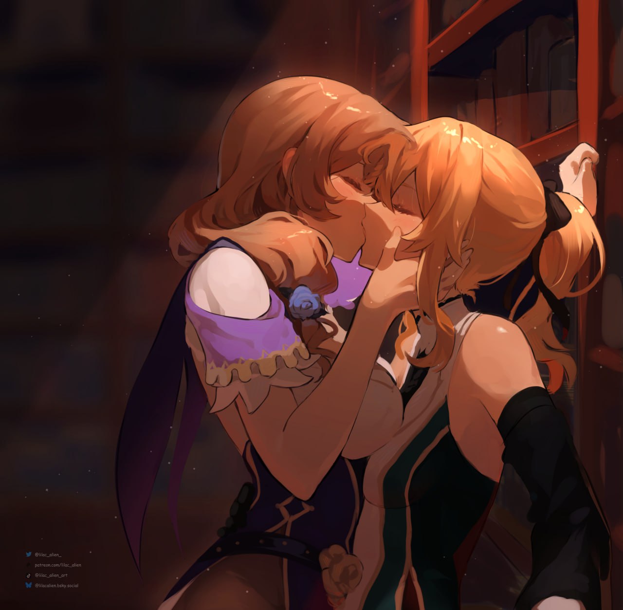 2girls, arm around neck, blonde hair, brown hair, closed eyes, clothed, clothing, couple, dress, female, flustered, french kiss, french kissing, genshin impact, hair ornament, hair ribbon, hand on another's face, jean gunnhildr, kissing, lilac alien, lisa (genshin impact), looking pleasured, slight blush, tied hair, yuri