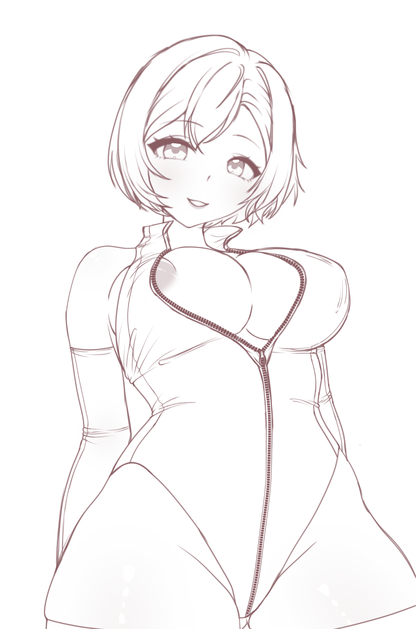 areola, areolae slip, big areola, breasts, female, looking, looking at viewer, looking down, meiko, meiko (vocaloid), nipple slip, puffy areola, puffy nipples, unzipped, unzipped bodysuit, vocaloid, zipper, zipper down
