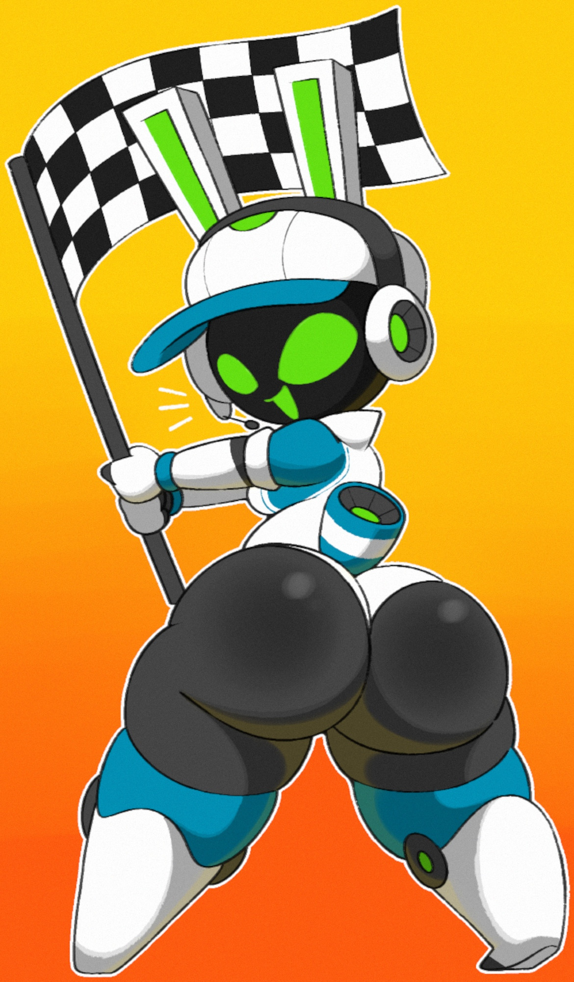 1girls, 2025, anthro, ass, baseball cap, big ass, big butt, bunny ears, checkered flag, dot eyes, female, female only, flag, green eyes, green mouth, green screen face, hat, headwear, no humans, non-human, non-human only, project turboblast, rabbit ears, rabbit girl, robot, robot anthro, robot girl, robot humanoid, robot only, round ass, round butt, screen face, shaded, tagme, tempo (project turboblast), vilepluff, waving flag