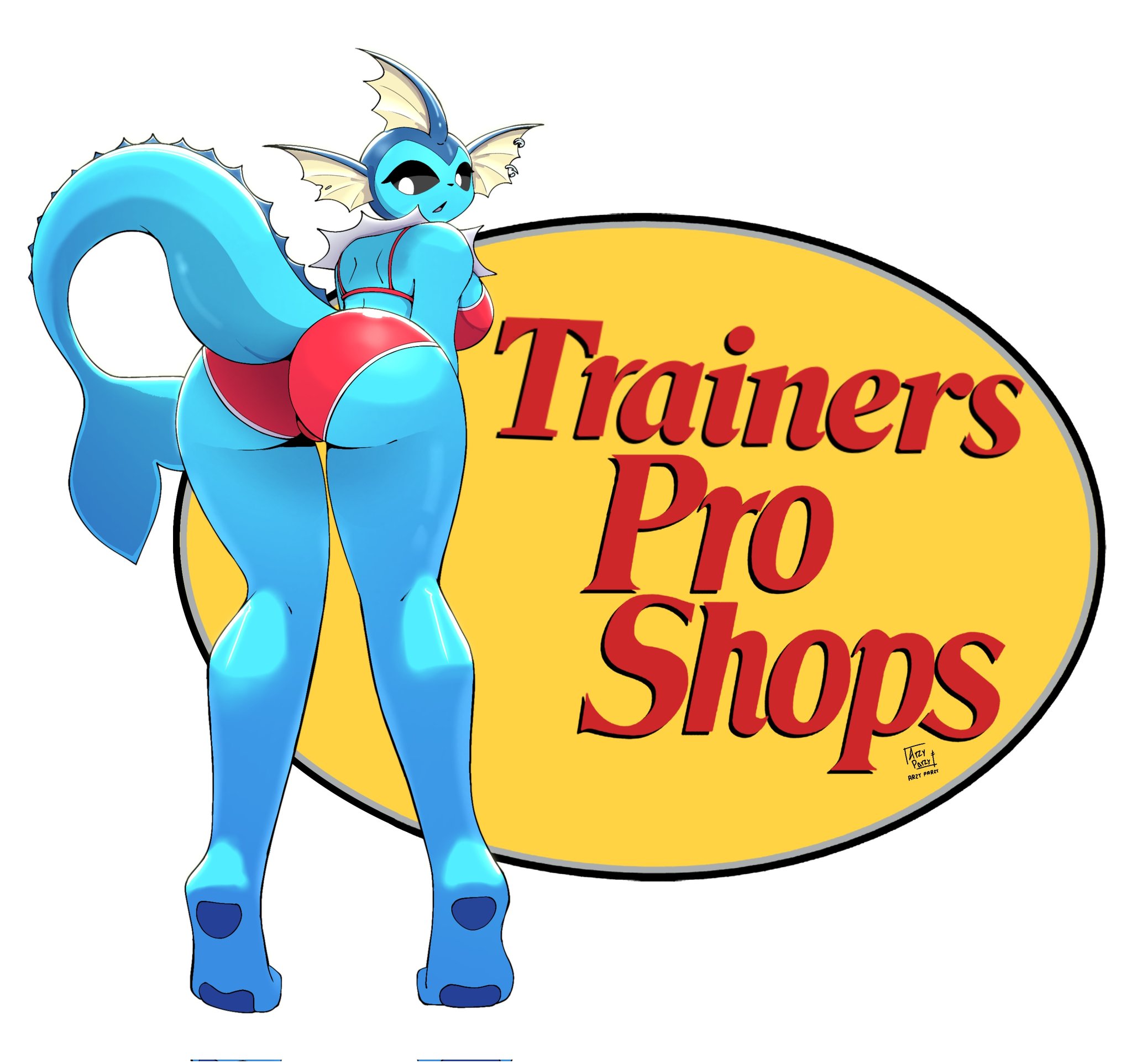 anthro, arzyparzy, ass, bass pro shops, big ass, big breasts, blue body, blue eyes, breasts, eeveelution, female, generation 1 pokemon, hi res, huge ass, humanoid, looking back, marine, nintendo, parody, pokemon, pokemon (species), solo, solo focus, solo in panel, tail, tiptoes, vaporeon