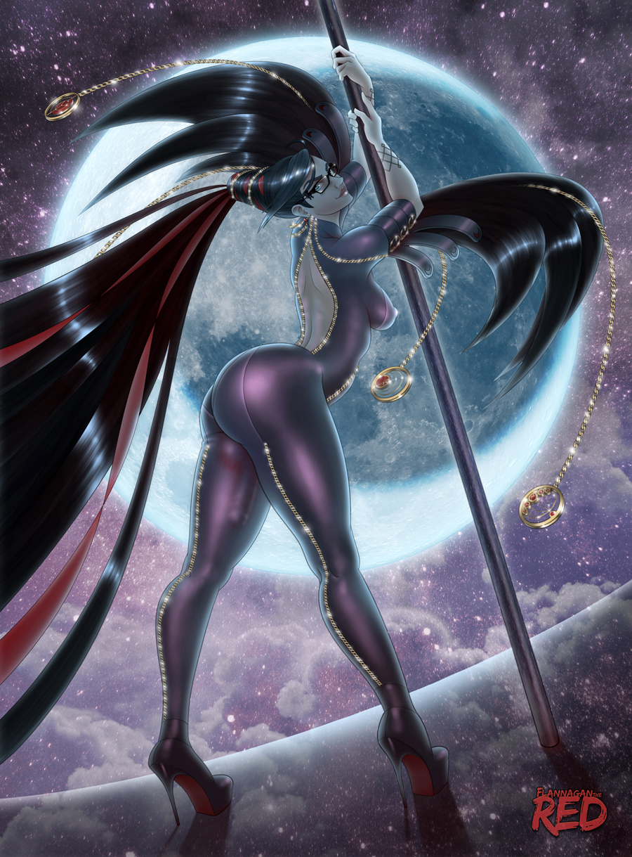 1futa, ass, bayonetta, bayonetta (character), bayonetta 2, black hair, blue eyes, bodysuit, breasts, bulge, covered breasts, dress, eyewear, flannaganthered, full length, futa only, futanari, glasses, high heels, hips, holding weapon, human, intersex, large breasts, legs, long hair, moon, nintendo, nipples, shiny, shoes, sideboob, solo, staff, standing, thighs, tight clothes, very long hair, weapon, witch