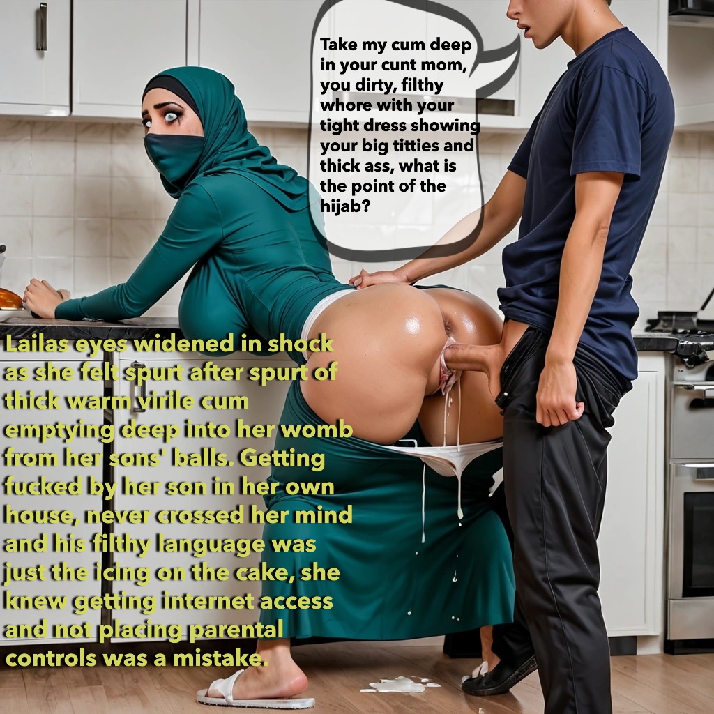 ai generated, dominant male, female, forced, genghisk, hijab, incest, kitchen, male, mature female, milf, mother and son, rape, raped, submissive female, thick, torn clothing