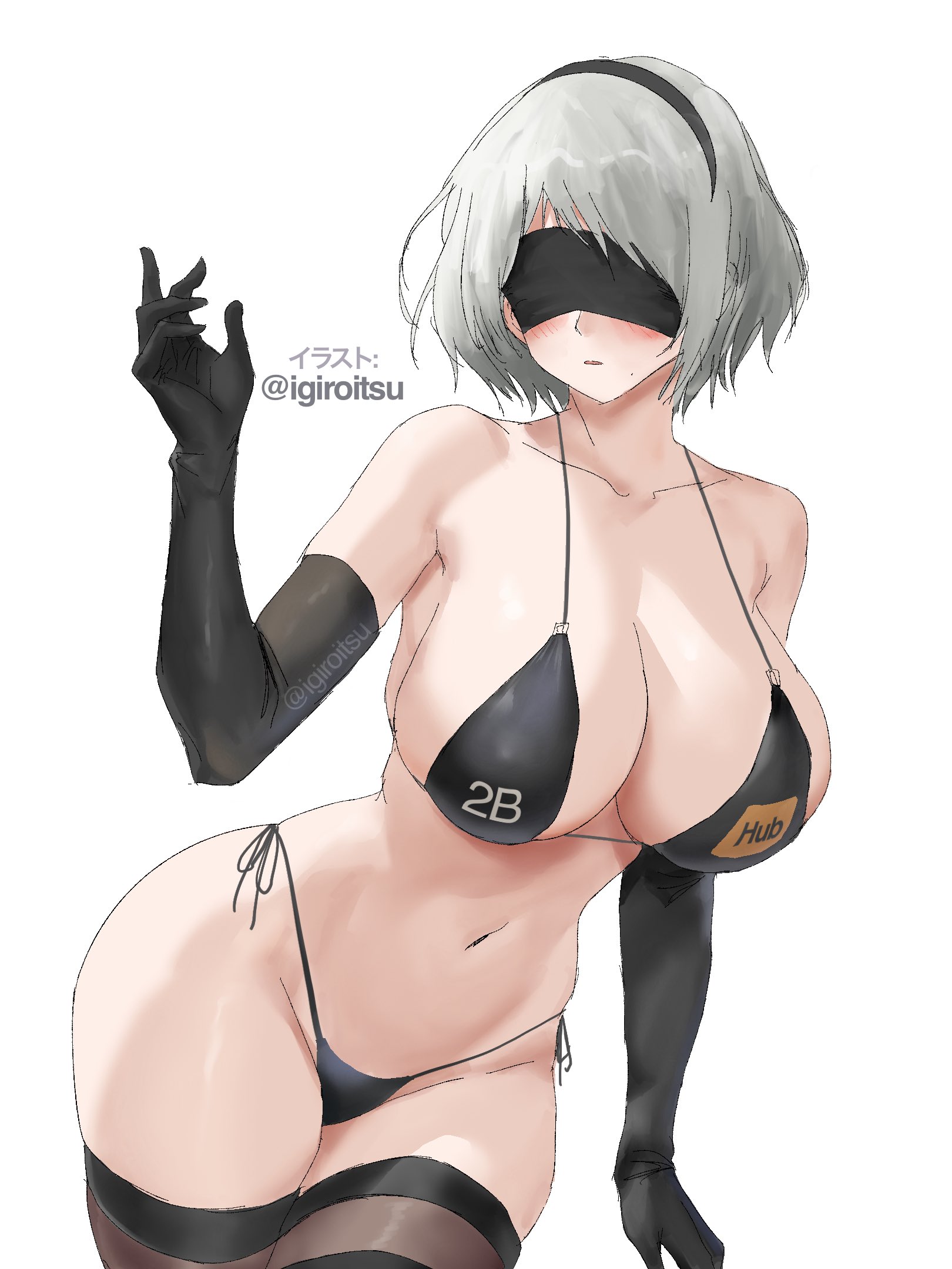 artist name, bikini, black gloves, black thighhighs, blindfold, blush, breasts, commentary, curvy, elbow gloves, female, female only, gloves, grey hair, hairband, highres, igiroitsu, large breasts, navel, nier (series), short hair, side-tie bikini bottom, simple background, solo, swimsuit, thighhighs, white background, white hair, yorha 2b