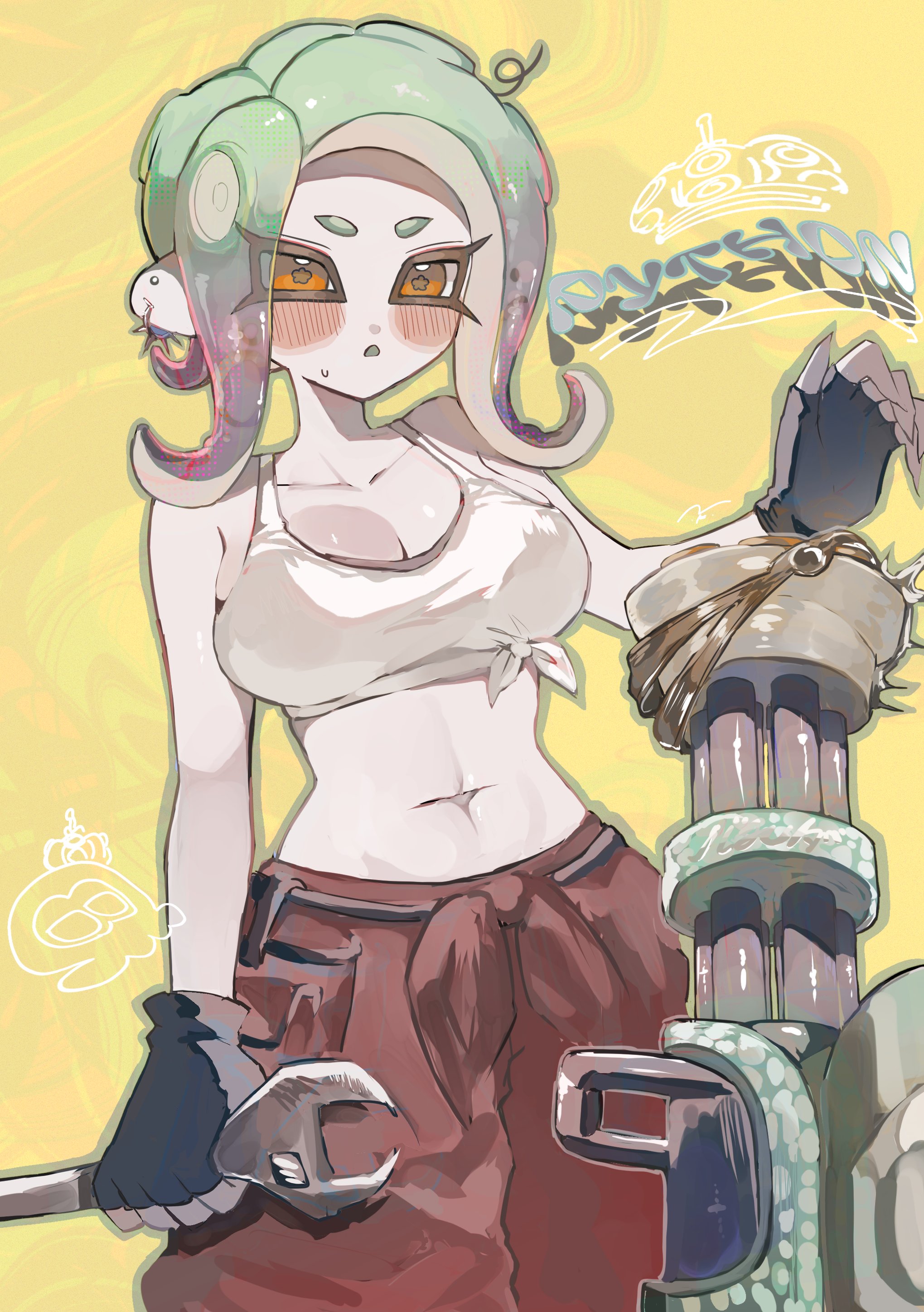 1girls, black gloves, breasts, cleavage, female, gloves, holding object, holding wrench, light skin, light-skinned female, mechanic (splatoon raiders), mechanic (splatoon raiders) (cosplay), navel, nintendo, octoling, octoling girl, orange pants, pants, shirt tied up, short hair, smchan hll, solo, solo female, solo focus, splatoon, splatoon (series), splatoon raiders, tank top, tentacle hair, tied shirt, twitter link, weapon, white tank top, wrench, yellow background