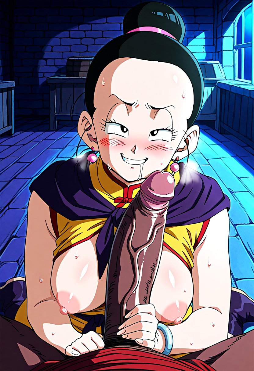 ai generated, akaz123, breasts, cheating, cheating female, cheating wife, chichi, chichi (majin buu saga), dark skin, dark-skinned male, dragon ball, dragon ball z, drooling, female, hair bun, horny female, interracial, japanese clothes, large breasts, looking at viewer, male, penis, penis awe, pov, seductive eyes, seductive look, seductive smile, steaming body, sweating, wanting cock