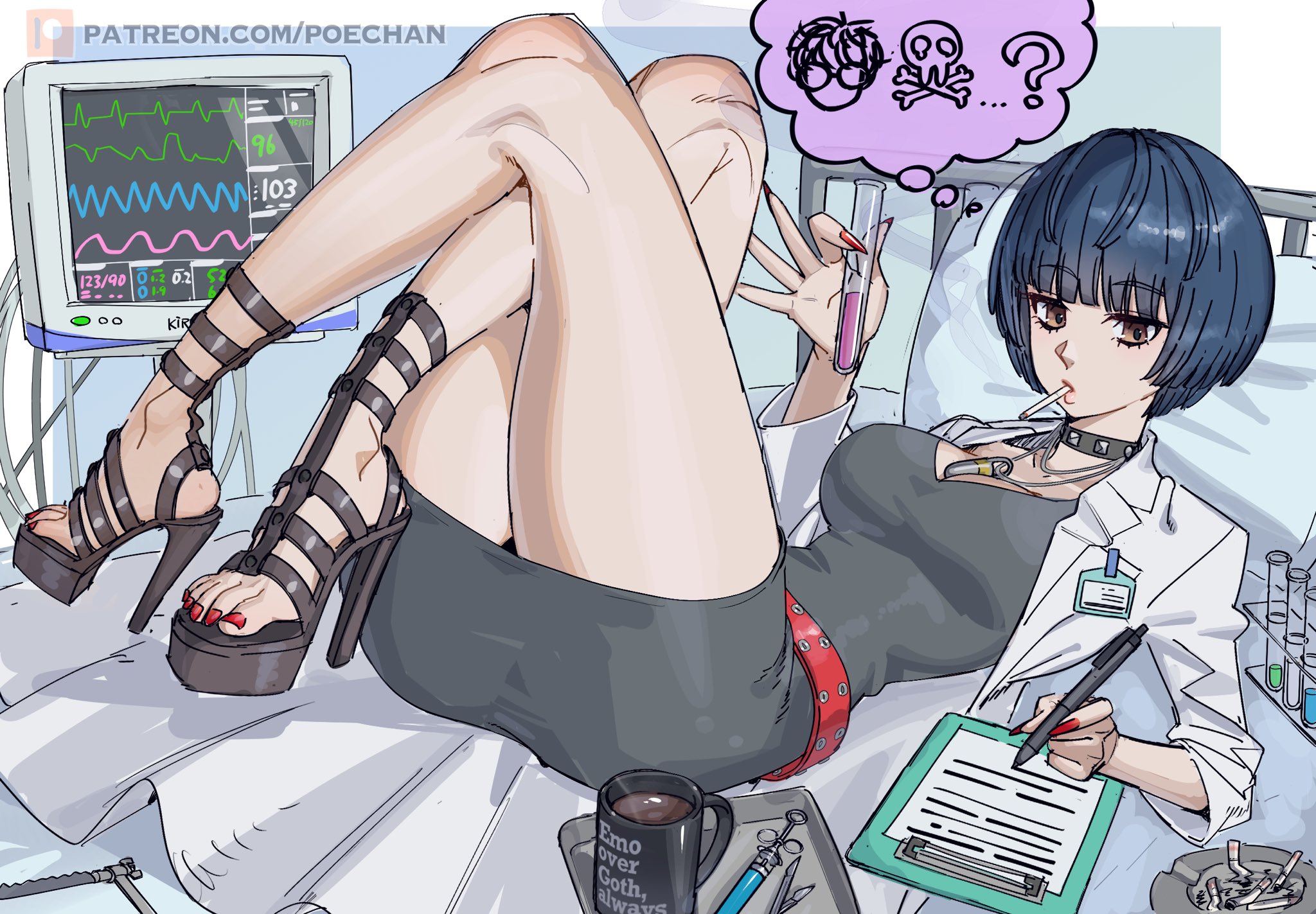 ?, 1girls, 2025, 2d, 2d (artwork), artist name, ashtray, ass, bed, belt, black dress, blue hair, blunt bangs, bob cut, breasts, brown eyes, cable, cardiogram, cigarette, cigarette butt, clipboard, clothed, clothed female, coffee mug, crossed legs, cup, doctor, dress, equipment, female, female only, fingernails, hacksaw, heartrate monitor, high heels, highres, holding, holding pen, holding test tube, hospital bed, human, human only, jewelry, lab coat, light skin, light-skinned female, long fingernails, looking at viewer, lying, medical equipment, medical instrument, medium breasts, mug, nail polish, name tag, narrow waist, necklace, patreon, pen, pendant, persona, persona 5, pillow, platform heels, poechan, poechan chan, questionable, red belt, red nails, sandals, saw, scalpel, sfw, short dress, short hair, skull and crossbones, smoking, solo, solo female, speech bubble, spoken question mark, stiletto heels, studded choker, syringe, tae takemi, technology, test tube, test tube rack, thick thighs, thighs, thought bubble, toenail polish, toenails, tray, very high heels, wide hips