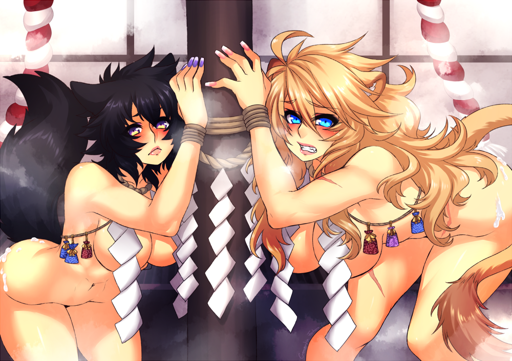 2girls ahoge animal_ears bent_over black_hair blue_eyes blush bondage breasts crescentia cum cum_on_ass cum_on_body deathblight femsub lion_girl lipstick long_hair minori_(deathblight) mirdis_(deathblight) multiple_girls multiple_subs new_year nude orange_hair pillar purple_eyes rope scar short_hair shrine tail wolf_girl