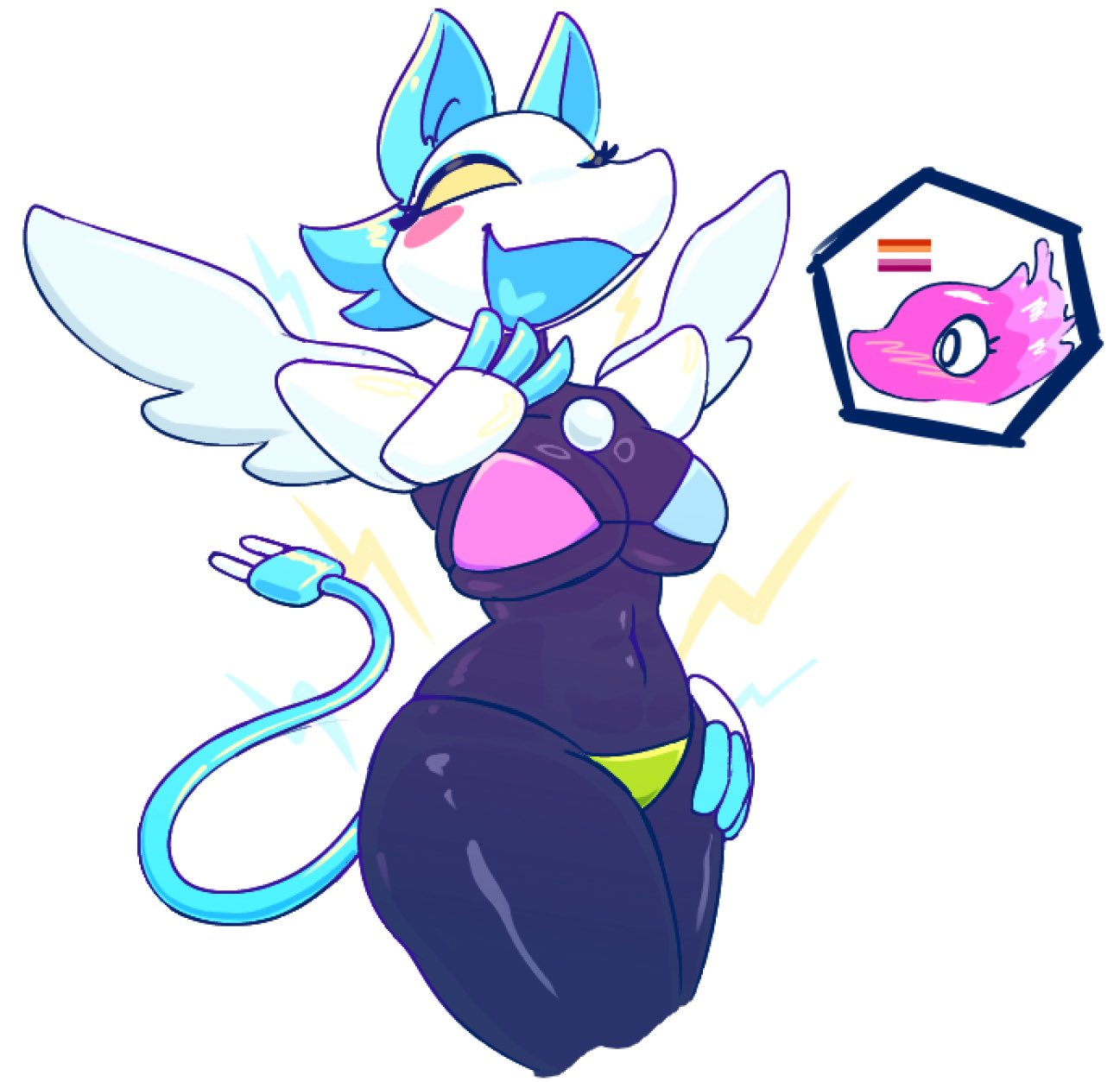 2girls, 87 g0d, big breasts, bikini, blush, blushing female, breasts, deltarune, deltarune bikini, deltarune chapter 2, deltarune chapter 4, female, female only, lesbian, lesbian flag, miss mizzle (deltarune), robot, robot girl, tail, tasque manager (deltarune), the angel (deltarune), thick thighs, thighs, undertale (series), yuri