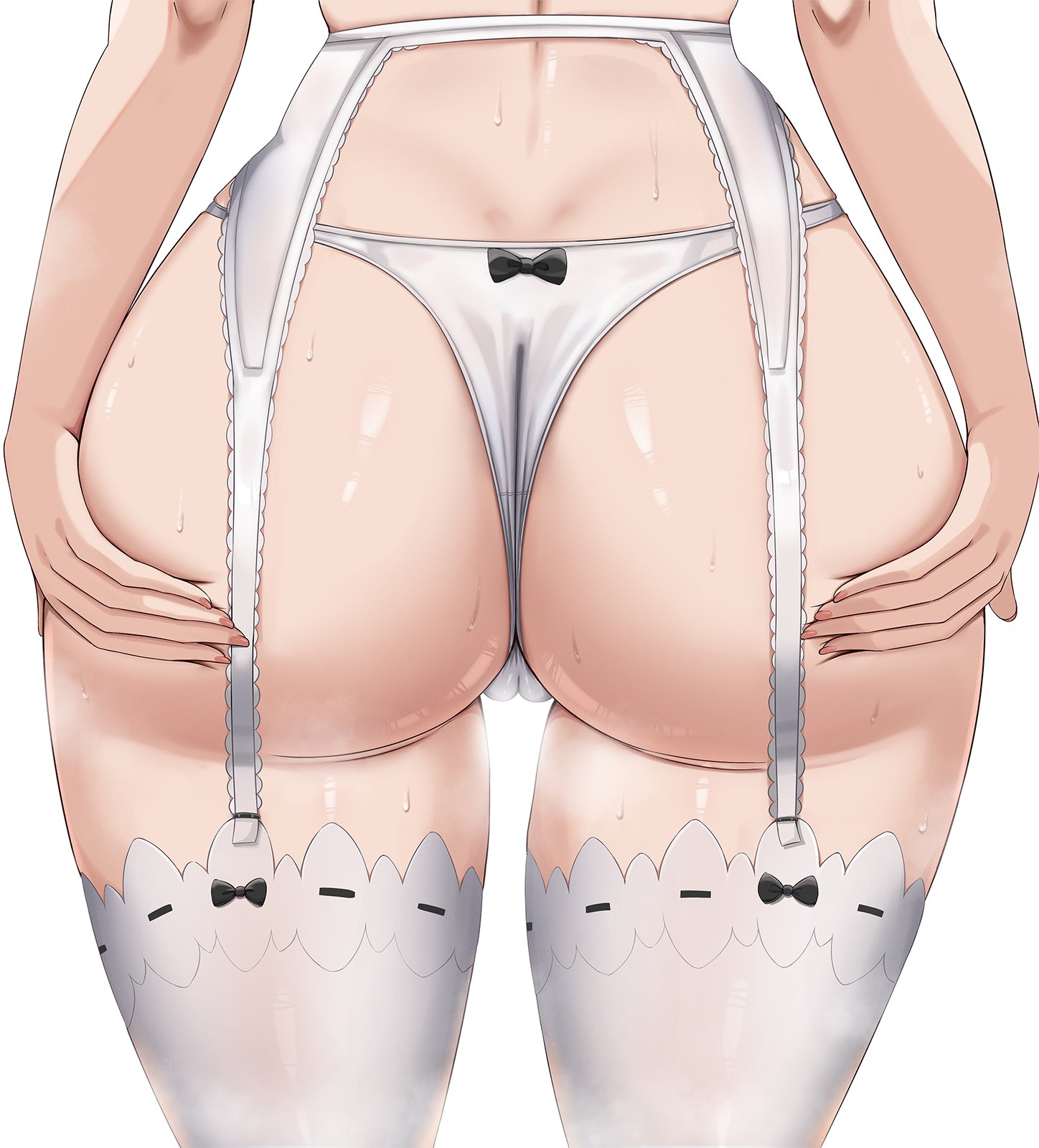 1girls, ass, ass focus, cameltoe, deep skin, female, female only, garter belt, garter straps, hands on own ass, head out of frame, highres, light skin, light-skinned female, panties, pussy, re:zero kara hajimeru isekai seikatsu, rem (re:zero), simple background, solo, sweat, thick thighs, thighhighs, thighs, thong, tyrzul, underwear, white background, white panties, white thighhighs