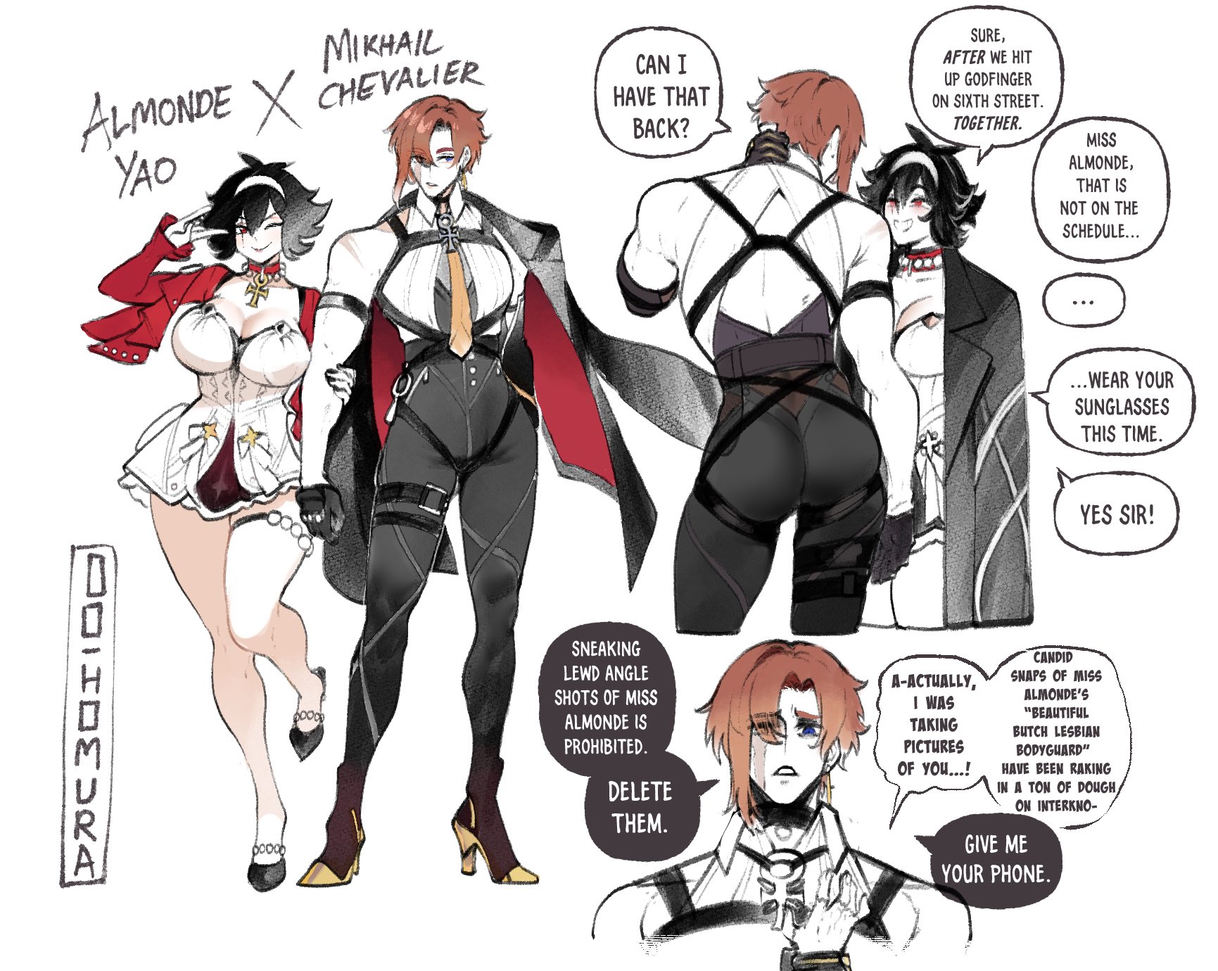1boy, 1girls, almonde jagger, ass, black hair, bloodlight (nyantcha), blue eyes, brown hair, clothing, dialogue, english text, female, heels, hi res, male, mikhail (thiccwithaq), red eyes, scar, scar across eye, scar on face, speech bubble, thiccwithaq, white background