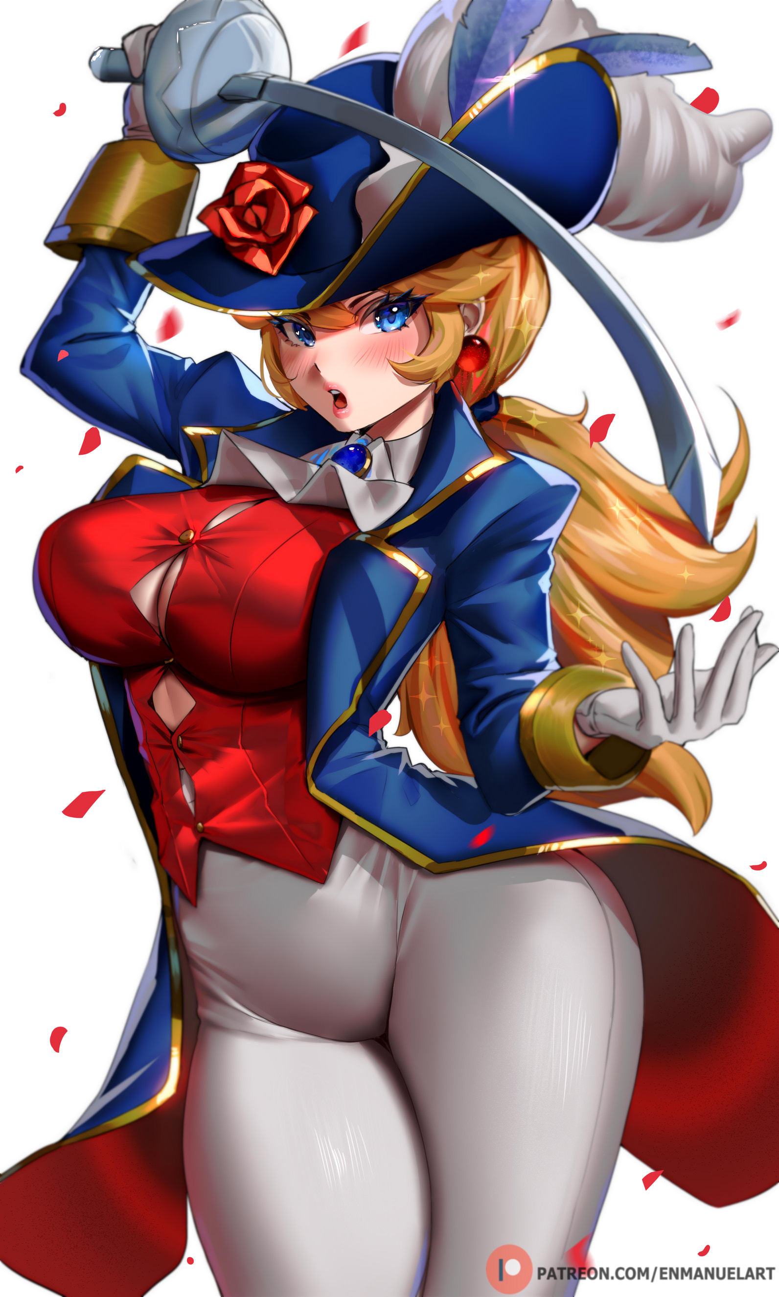 1girls, absurdres, ascot, blue coat, blue hat, blush, breasts, brooch, button gap, cleavage, coat, earrings, enma (enmanuelart), enmanuelart20, female, female only, flower, gloves, gold trim, hat, hat feather, hat flower, highres, jewelry, large breasts, long hair, long sleeves, looking at viewer, mario (series), nintendo, open mouth, pants, ponytail, princess peach, rapier, red shirt, rose, shirt, solo, sword, swordfighter peach, thighs, weapon, white gloves, white pants