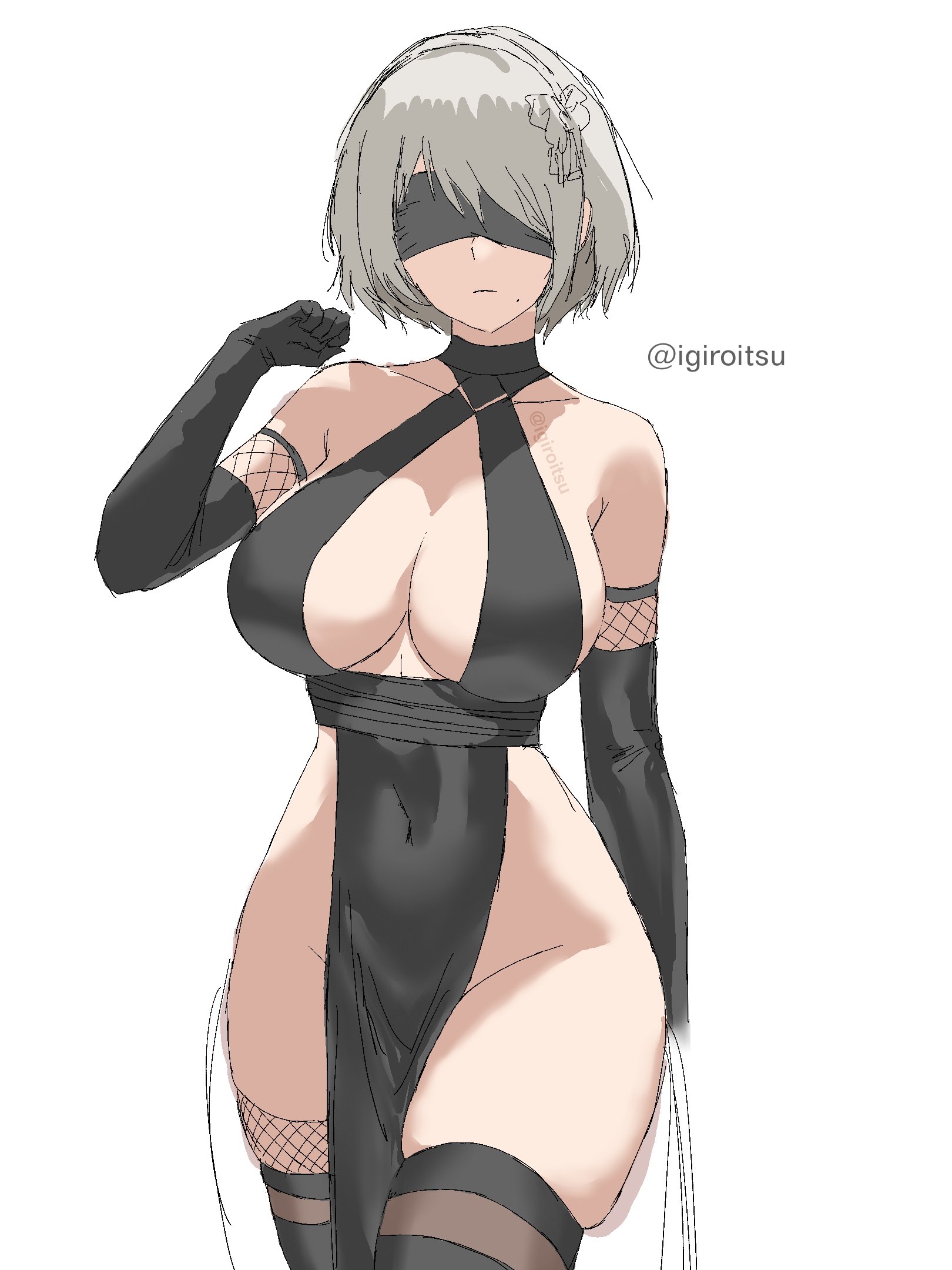 alternate costume, black armwear, black blindfold, black dress, blindfold, breasts, cleavage, commentary request, covered eyes, dress, female, female only, fishnet armwear, fishnet legwear, fishnets, highres, hourglass figure, hourglass figured female, igiroitsu, inner sideboob, mole, mole under mouth, navel visible through clothes, nier (series), pelvic curtain, sideboob, simple background, skindentation, solo, twitter username, white background, wide hips, yorha 2b