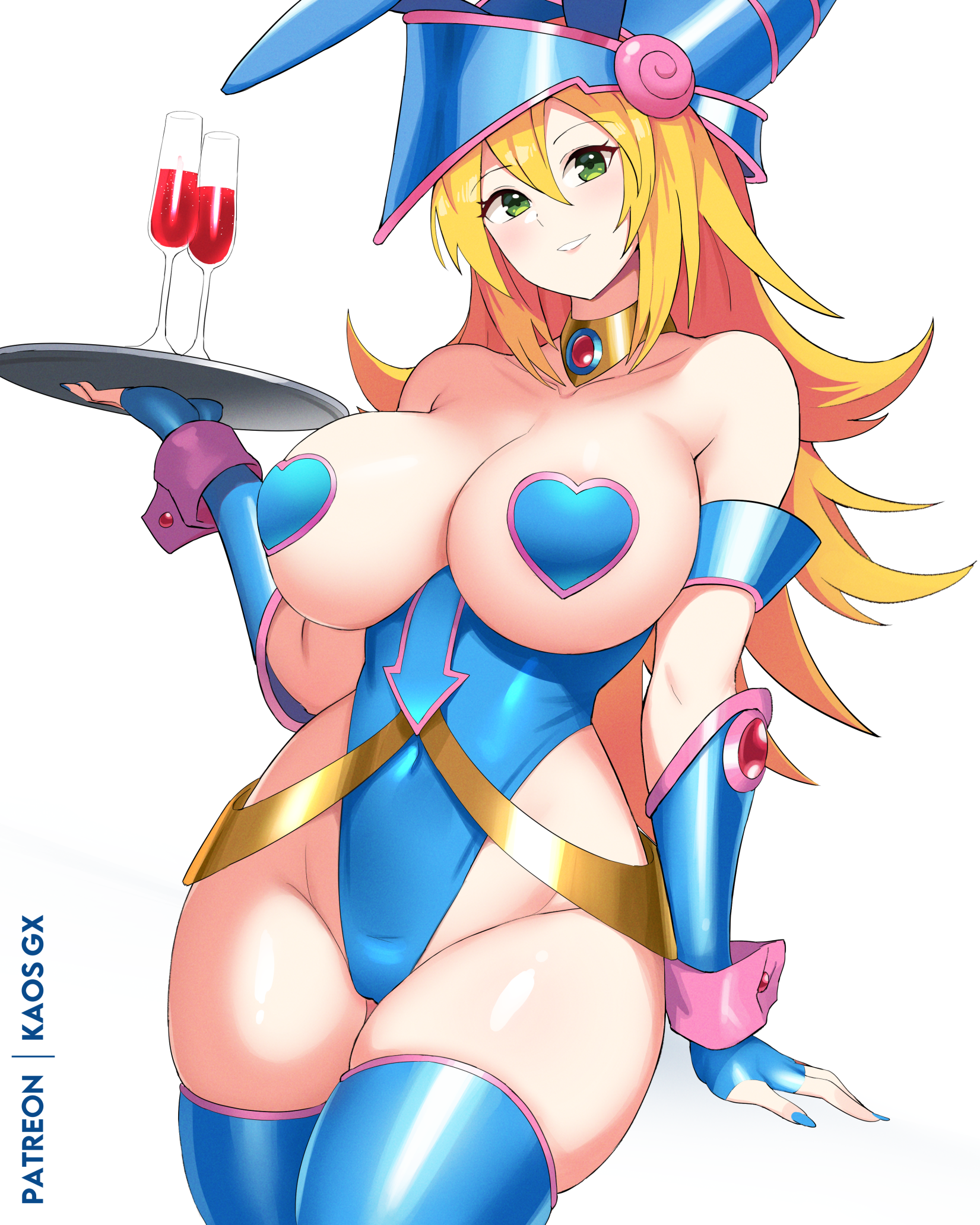 1girls, blonde hair, blue gloves, blue leotard, blue nails, blue thighhighs, breasts, cup, curvy, dark magician girl, drinking glass, duel monster, female, female only, fingerless gloves, gloves, green eyes, hat, heart pasties, highleg, highleg leotard, highres, holding, holding tray, kaos art, large breasts, leotard, long fingernails, long nails, nail polish, painted fingernails, painted nails, pasties, revealing clothes, sharp fingernails, shiny clothes, simple background, skimpy clothes, skindentation, solo, thighhighs, tray, white background, wide hips, wizard hat