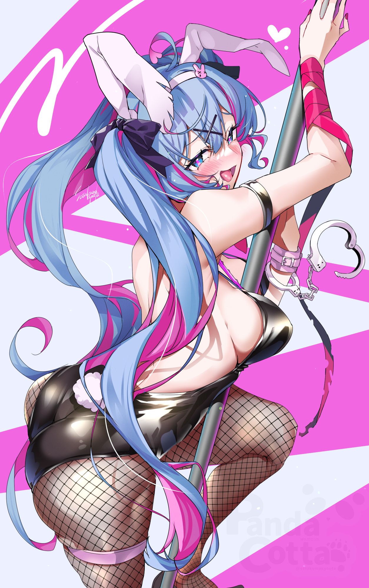 1girl, 1girls, animal ears, artist request, ass, bandaid, bangs, black leotard, blue eyes, blue hair, blush, breasts, cuffs, fake animal ears, female, fishnet pantyhose, fishnets, hair ornament, hatsune miku, heart, heart-shaped pupils, high heels, large breasts, leotard, long hair, looking at viewer, multicolored hair, open mouth, pantyhose, pink hair, playboy bunny, pole dancing, rabbit ears, rabbit hole (vocaloid), rabbit tail, ribbon, sideboob, smile, solo, stripper pole, symbol-shaped pupils, tagme, tail, twintails, very long hair, virtual youtuber, x hair ornament